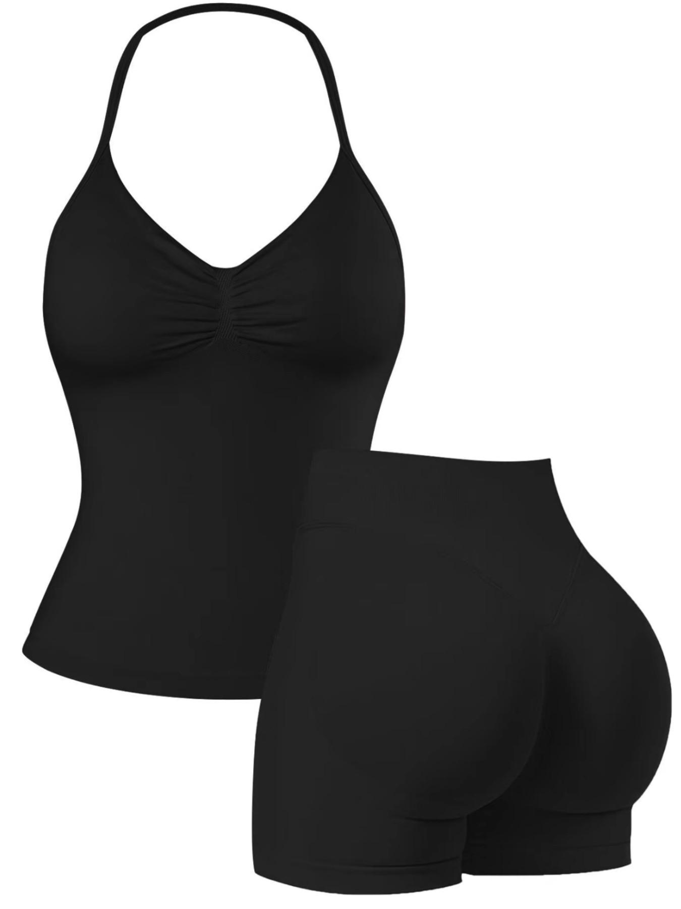Women's Upgraded Square Neck Halter Sports Tank Top and High Waist Shorts Sporty Set, Sportswear, Yoga Clothes, Perfect for Yoga Fitness Party