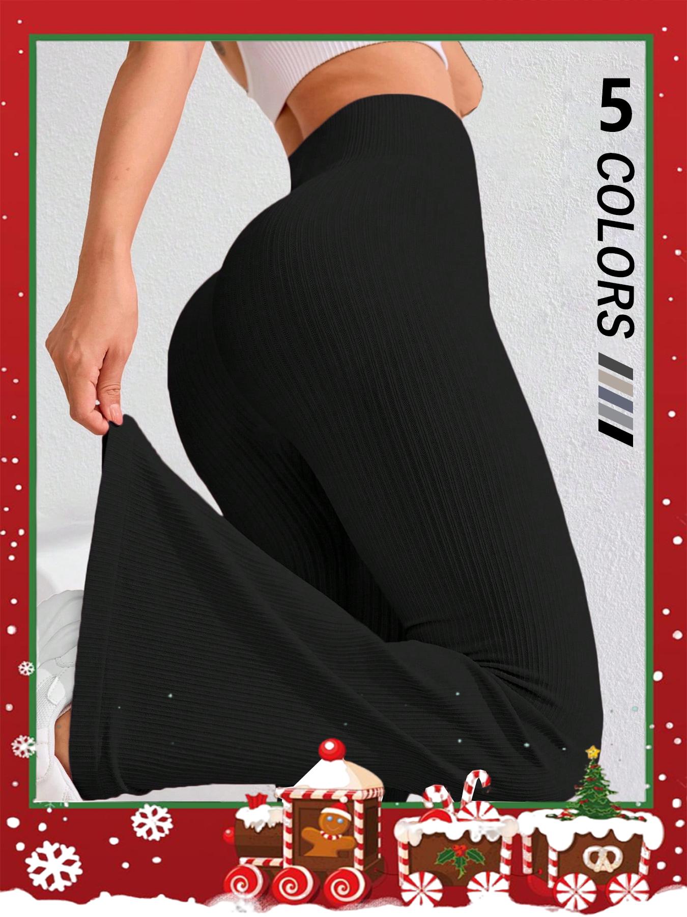 Women's High Waisted Tummy Control Flare Pants, Seamless Knit Butt Lifting Slim Fit Casual Leggings, Sporty Style for Gym Yoga Home Wear, Athletic Leggings, Solid Flare Leggings