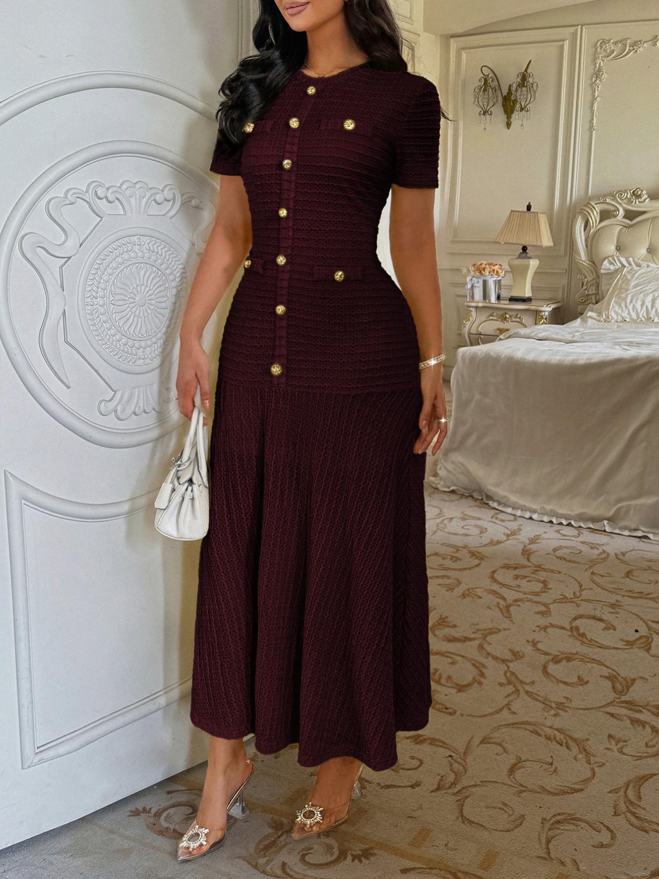 Casual Solid Color Button Decor Long Dress, Fitted Short Sleeve Design, Women's Fashionable Long Gown for Everyday Wear, Womenswear