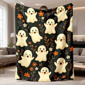 Adorable Ghost Flannel Blanket |   Soft And Cozy, Perfect For Fall And Winter Use, Ideal For Family Gatherings, A Warm Companion For Loved Ones, Great Gift, Polyester, Digital Printing, Ultrasonic Embossing