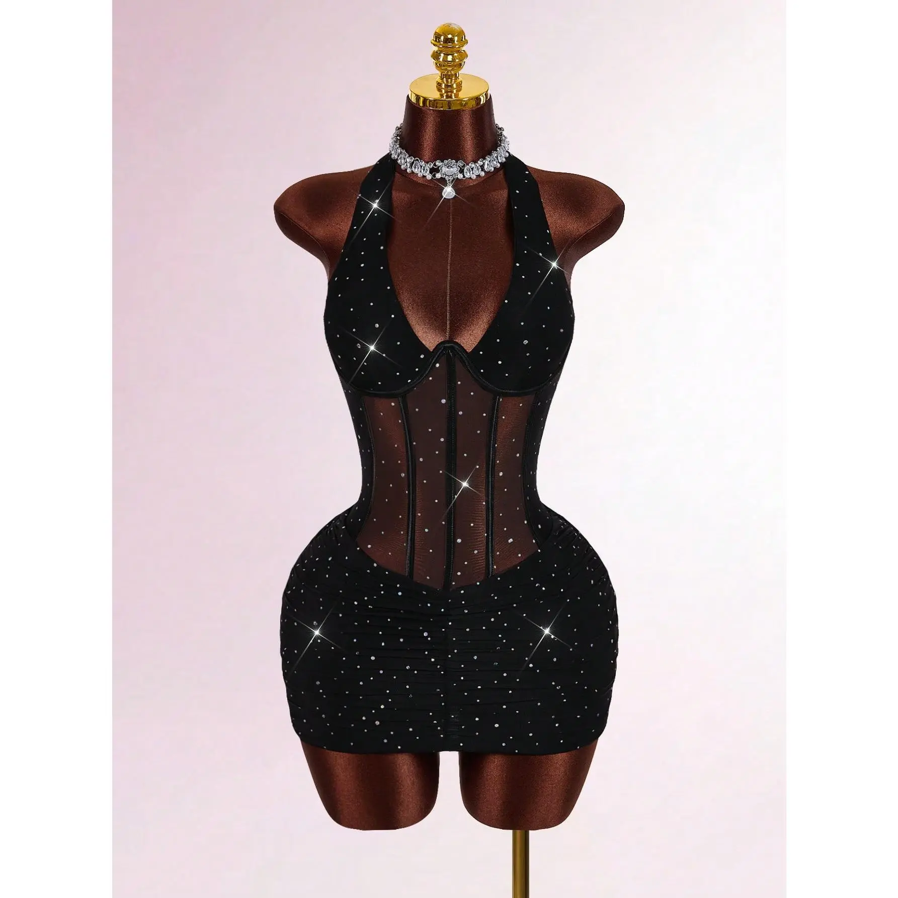 Women's Halter Neck Sleeveless Rhinestone Decor Cinched Waist Sheer Ruched Party Mini Dress Dress For Club Dress