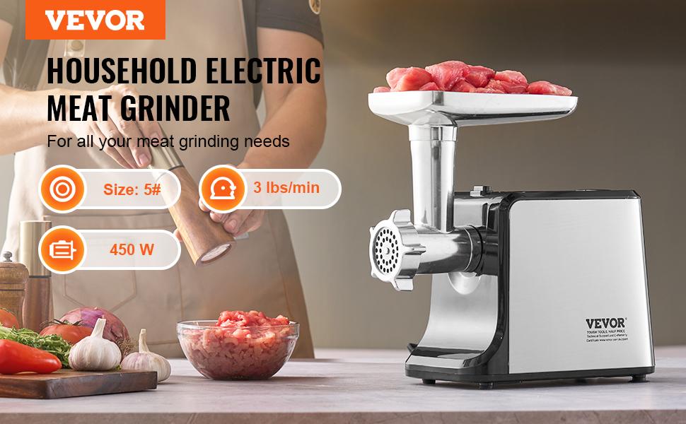 VEVOR Meat Grinder, 3 Lbs/Min Capacity Electric Meat Grinders with Blade, Grinding Plate, Sausage Maker, Kubbe Kit, Burger Press, Chopper Attachment, Stainless Steel Meat Mincer for Home Kitchen
