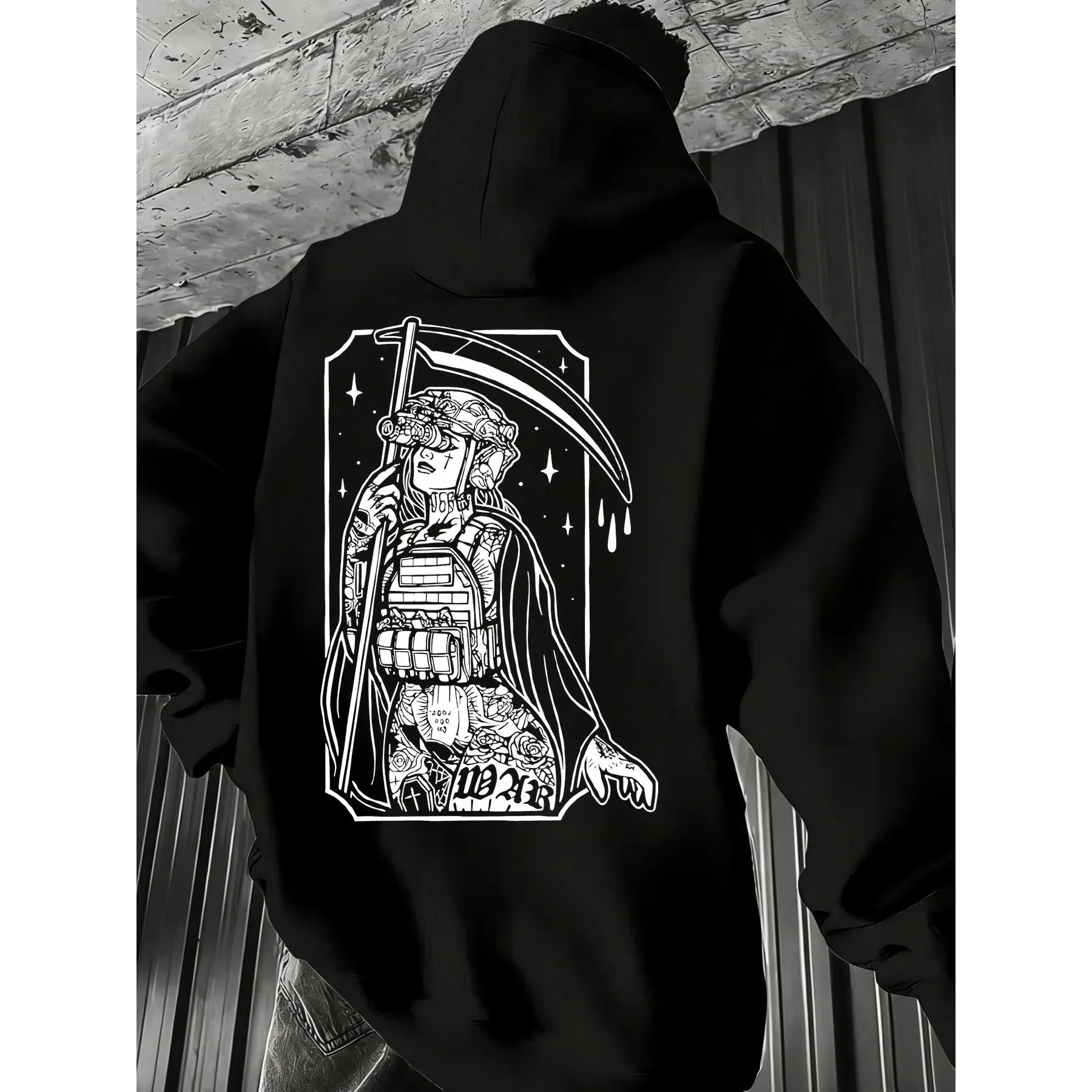 Death Warrior Scythe Print Hoodie,Oversized Tarot Card Style Girl Grim Reaper Scythe Back Print Pure Cotton Unisex Hooded Pullover Dark Aesthetic Streetwear