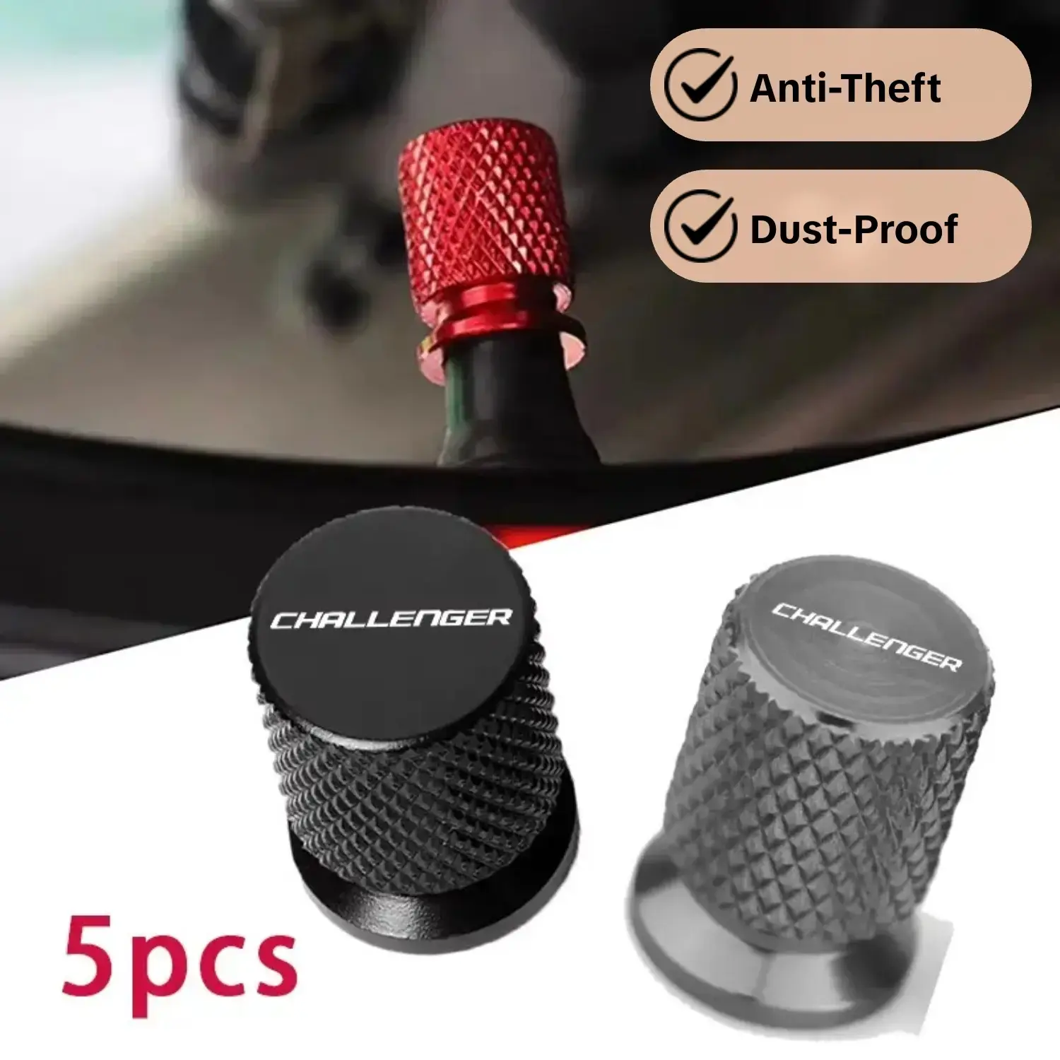 For Dodge Challenger 5pcs Aluminum Alloy Tire Valve Stem Cap, Tire Caps, Tyre Caps, Metallic Texture, Anti Theft & Dust-Proof, Automotive Accessories, Car Accessories
