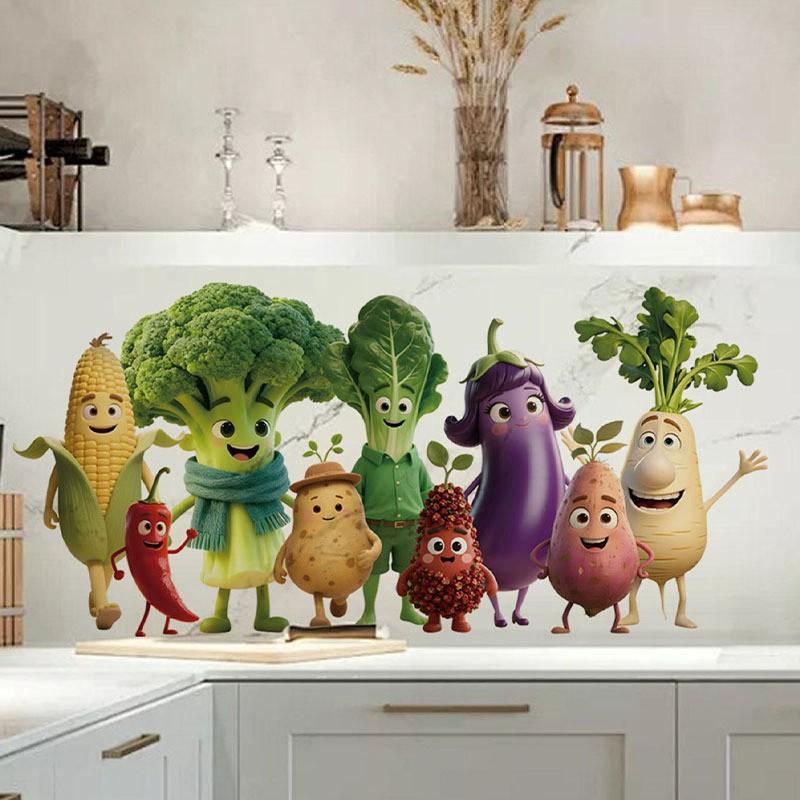 Cross-Border Emoji Vegetable Home Decor Wall Stickers, PVC Self-Adhesive Kitchen Restaurant Background Wall Decals, Easy to Apply