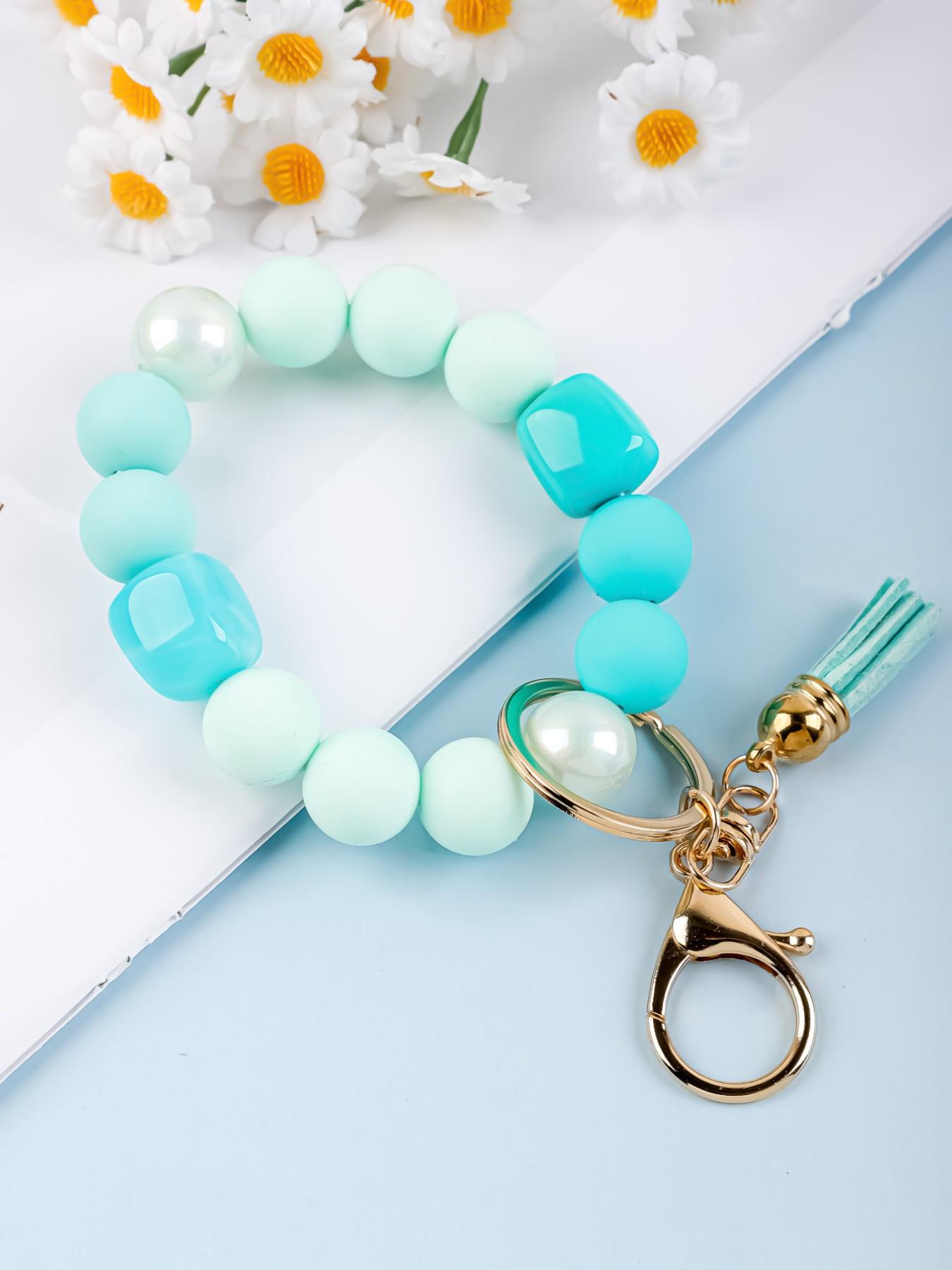 Solid Color Beaded Wristlet Keychain for Women, Matte Silicone Acrylic Beads, Tassel Charm, Minimalist Key Holder, Fashion Gift