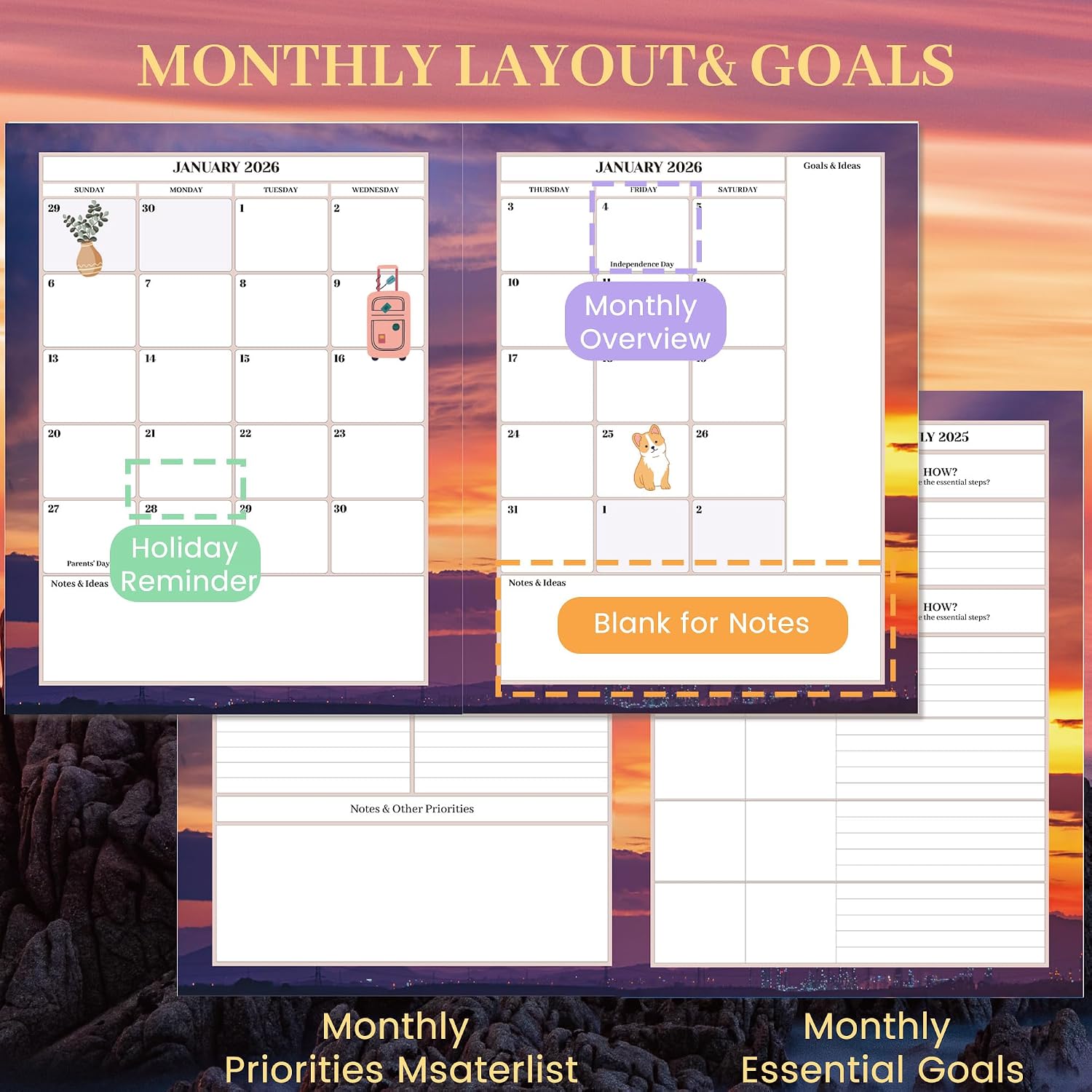 Hardcover Book 15-Month Planner 2025-2026 (Oct 2025-Dec 2026) with Monthly Tabs, Hourly Daily Weekly Organizer for Women, Stickers Included, 8.5x11 in