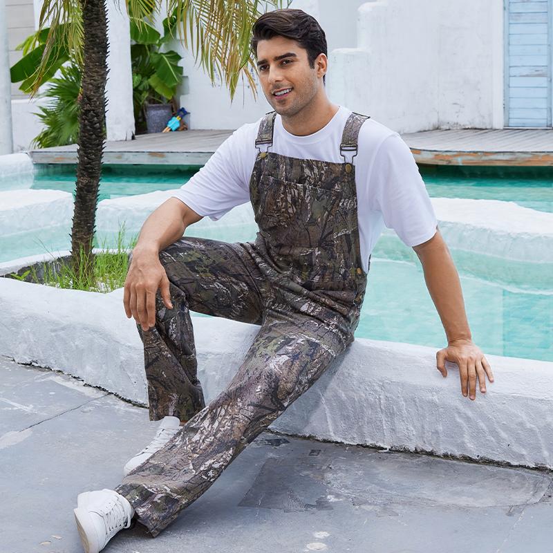 Yuanbang Men's Loose Pattern Adjustable Stretchy Overalls Fashion Camo Pattern Denim Bibs Coveralls Pockets Jumpsuit with Zipper Fall Winter Menswear Camouflage Redneck Party Outfit