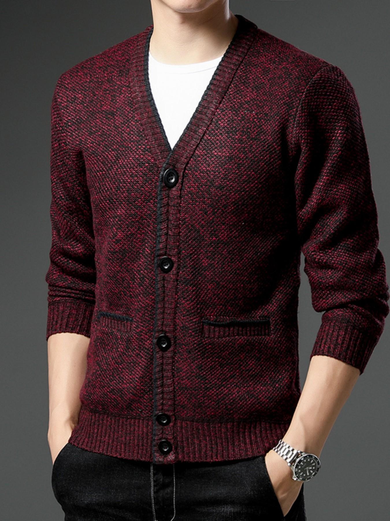 Knit Cardigan, Long Sleeve, Thickened Mixed Fabric, V-Neck Single Button Design, Pocket Detail, Fall & Winter Wear, Comfortable Daily, Casual, Knitwear
