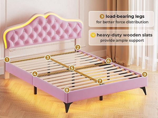 Sikaic Velvet Princess Platform RGB LED Bed Frame with Storage Drawers and Adjustable Crystal Button Headboard Creamy Pink Furniture Nursery Design Cute Interior Bedroom Set Upholstered Modern Cama