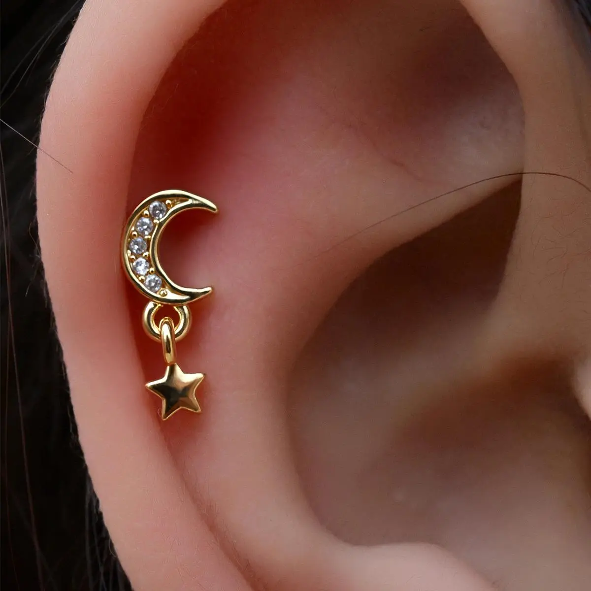 1PC Stainless Steel 20G Cartilage Earrings Stud Hypollergenic Crystal CZ Moon Star Dangle Helix Conch Tragus Piercings Jewelry