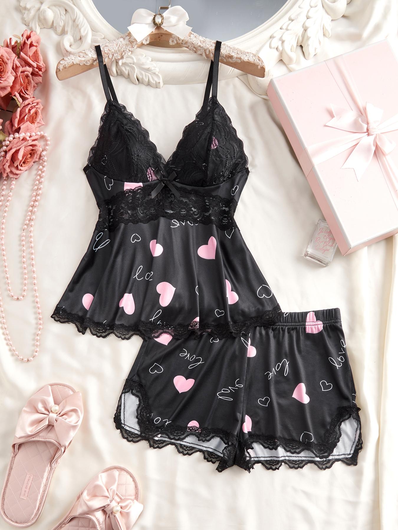 Women's Solid Color Lace Trim Cami Top & Shorts Pyjama Two-piece Set, Casual Comfy Camisole & Shorts PJ Set, Women's Sleepwear & Loungewear for All Seasons, Lingerie