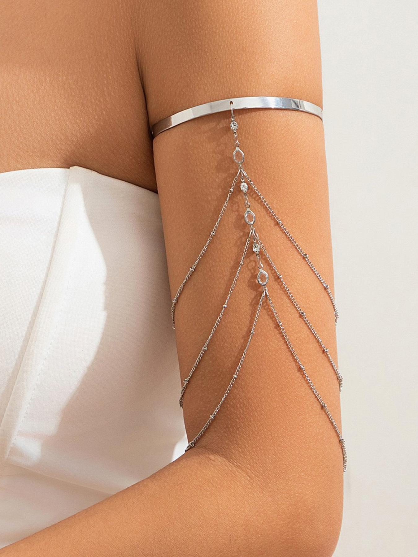 Chic & Sexy Multi-Layer Rhinestone Chain Tassel Upper Arm Bracelet / Armband — Women's Accessory; Simple Crystal Bead Tassel Upper Arm Chain / Bikini Arm Ring — Adjustable Open Rhinestone Bangle for Summer Beachwear