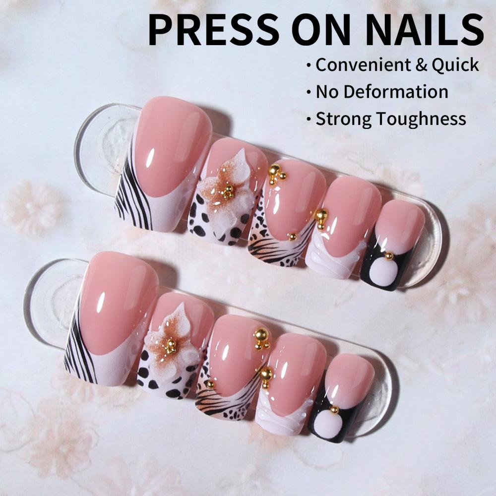 24pcs Short Square Nails Leopard French Flower Gold Pearl Design ...