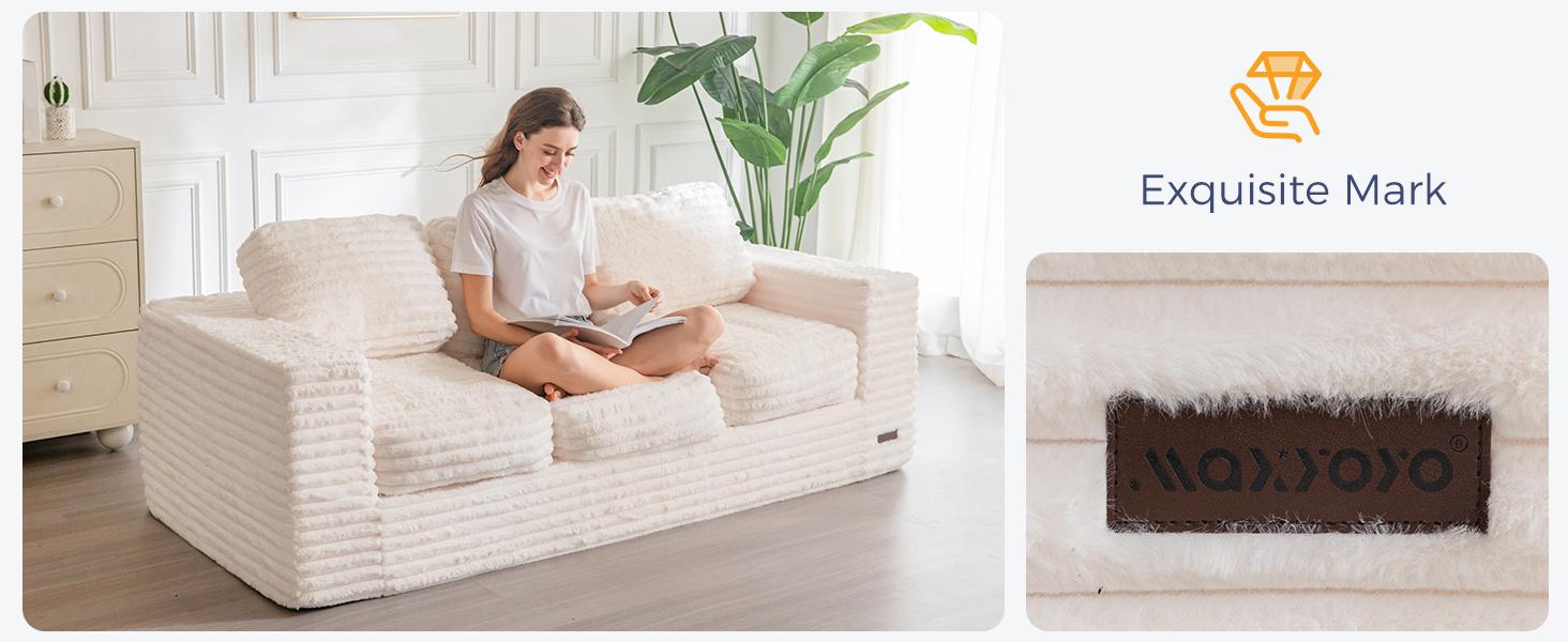 MAXYOYO 3-Seater Boneless Sofa Couch in a Box, Modern Faux Fur Sofa for Living Room, Soft High-Density Foam Couch with Pillows, Fluffy & Supportive Chair Lounge, No Assembly Required