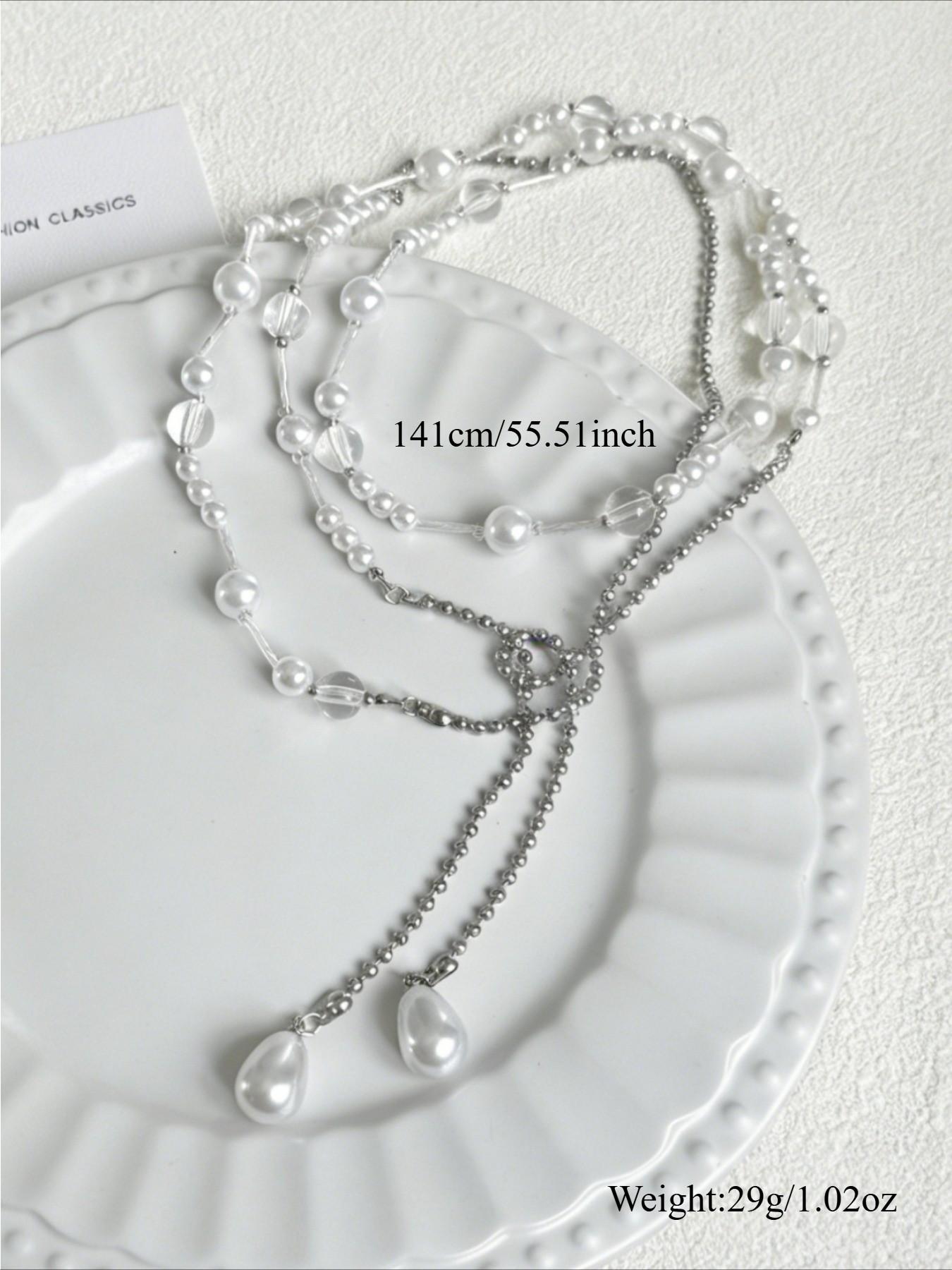 Vintage Imitation Pearl Long Necklace for Women, Versatile Wearable Jewelry, Simple Handmade Beaded Party Holiday Elegant Necklace