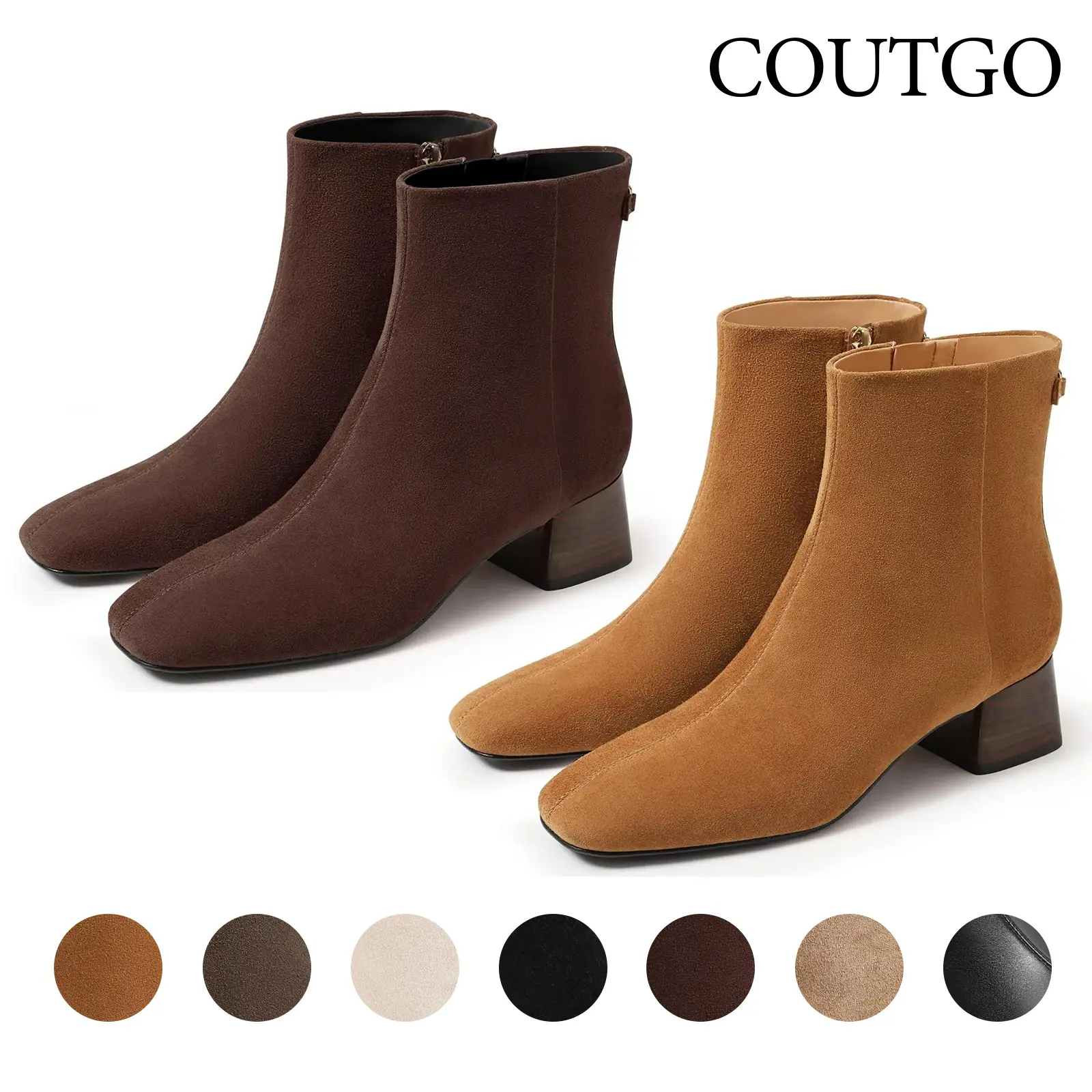 Coutgo Womens Ankle Boots Chunky Low Heel Square Toe Booties Side Zipper Winter Dress Shoes