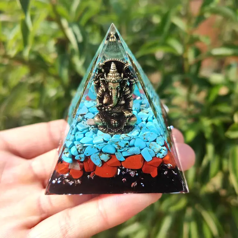 Ganesha Orgonite Pyramid, Lord Ganesh Resin Crystal Chips Orgone Statue, Spiritual Elephant God Desk Ornament, Handmade Energy Healing Figurine, Home Office Tabletop Decor, Religious Gift