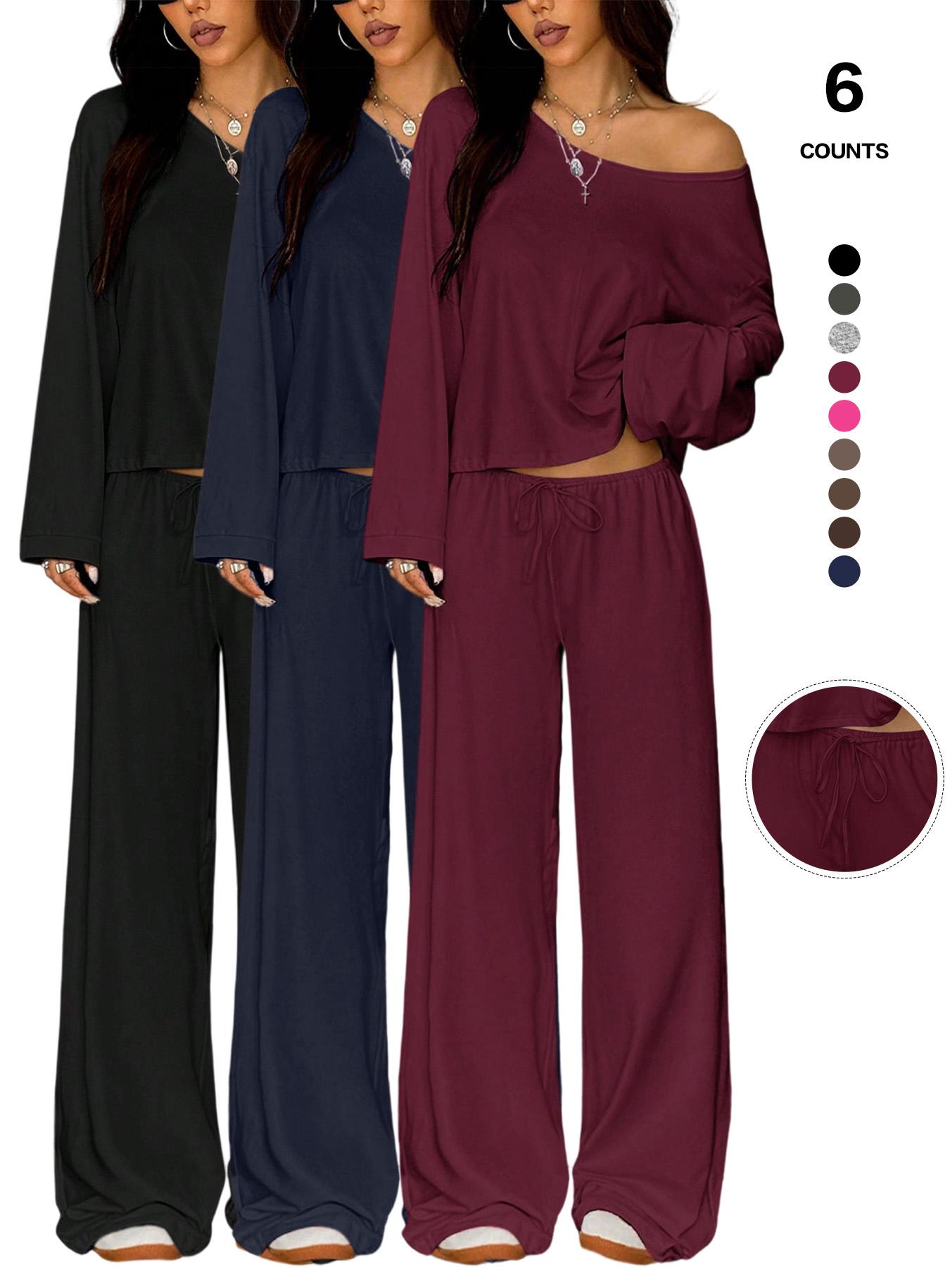 Women's 2 Piece Matching Lounge Set Off The Shoulder Long Sleeve Top and Drawstring Wide Leg Pants Casual Sweatsuit