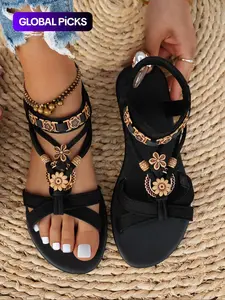 Women's Fashionable Summer Bohemian Trending Sandals, Elegant Floral Sandals, Lightweight Strappy Sandals, Boho Style Black Flat Sandals for Summer Beach Vacation, Versatile Shoes for Women & Girls, Footwear, Casual Trendy Sandals, Ankle Strap Sandal