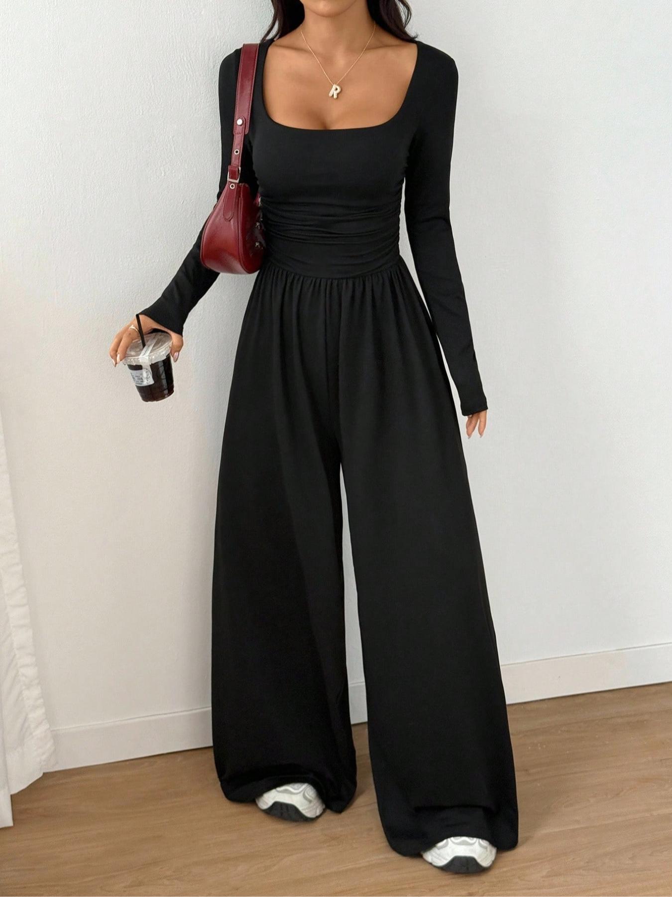 Women's Fall Winter Knit Fitted Wide Leg Jumpsuit, Casual Fashion Plain Color Round Neck One-Piece, Versatile Long Sleeve Romper