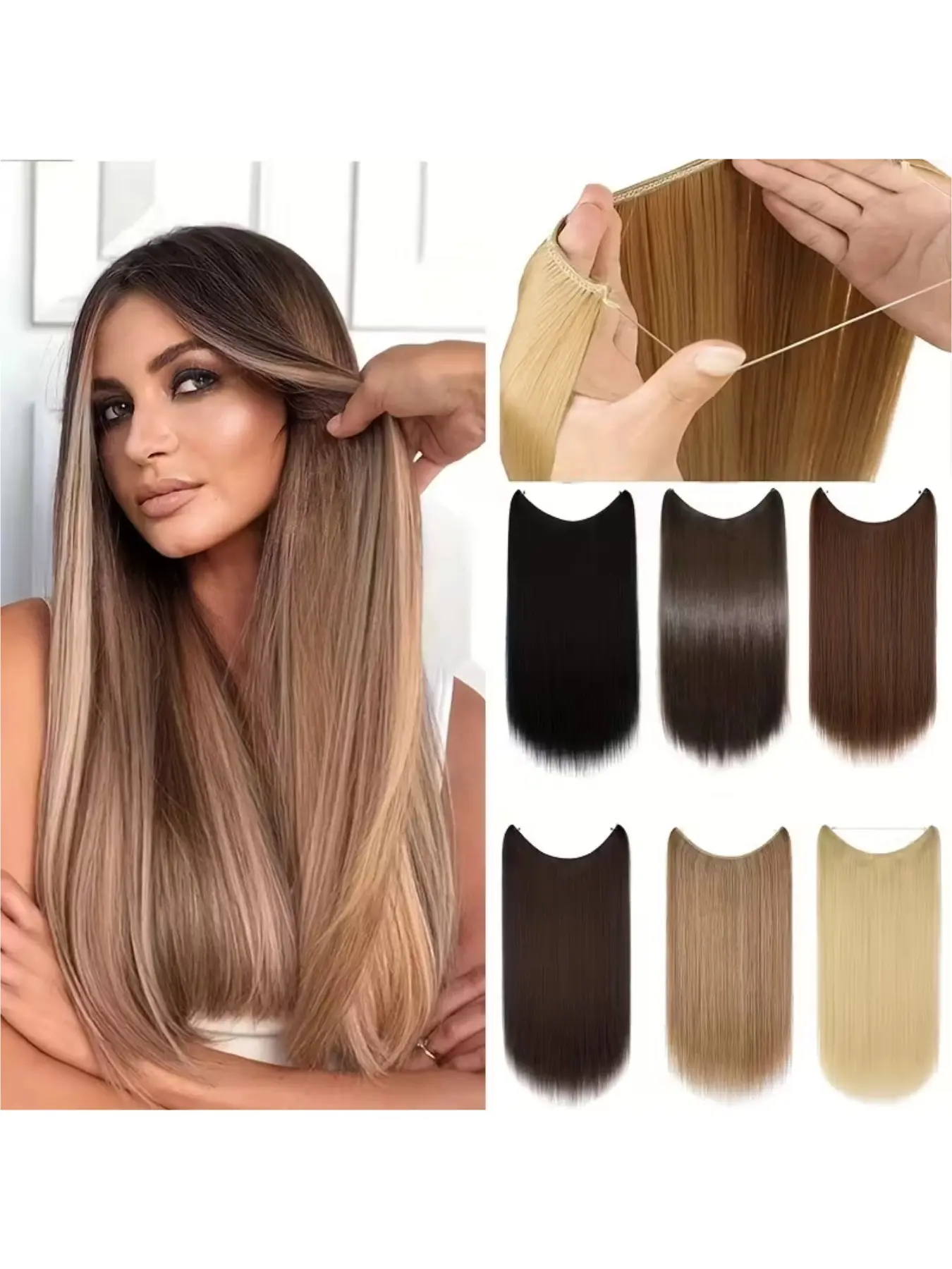 24 Inch Straight Invisible Wire Hair Extensions, Synthetic Halo Hairpiece for Women, Natural Looking Flip In Hair Extension, Easy Wear Long Hair Volume Enhancer