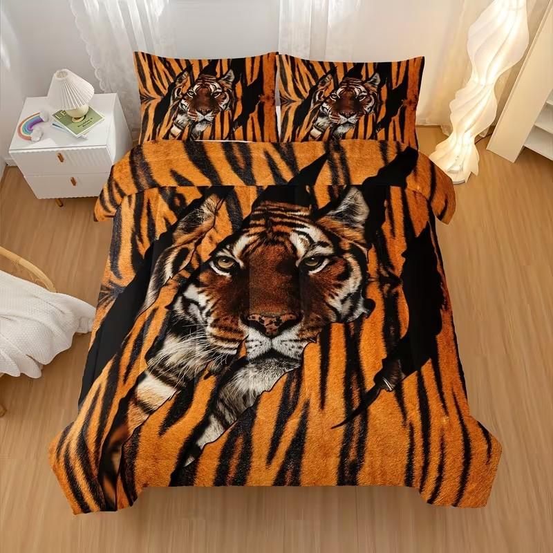 3-Piece Bedding Set, Soft Tiger Fur Quilted Comforter, Lightweight All-Season Animal Bedding, Includes 1 Quilt and 2 Pillowcases