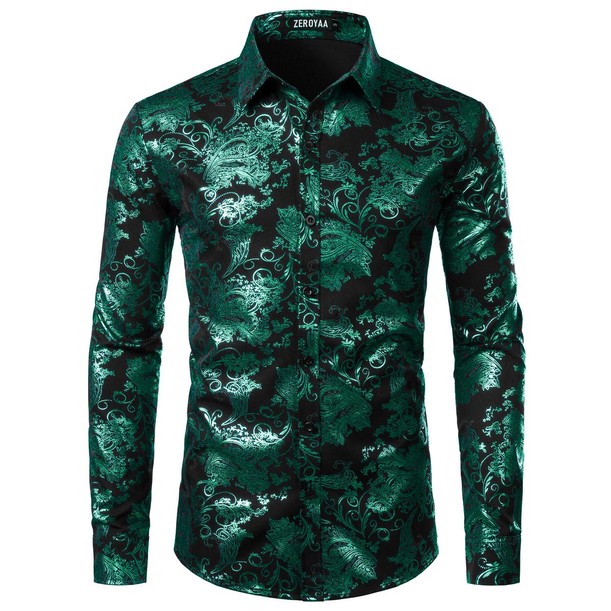 ZEROYAA Men's Luxury Paisley Dress Shirt Shiny Floral Printed Button Down Shirts for Party Prom Casual Elegant Father's Day Gift for Boyfriend Dad Gifts Black People Menswear Fabric Long Sleeve Top Vneck