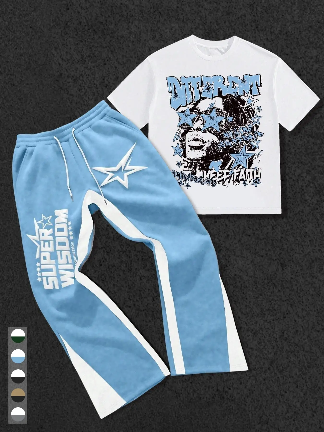 Men's Two-Piece Set with Star, Letter, and Pattern Print T-Shirt and Pants, Round Neck Short Sleeve T-Shirt and Fitted Long Pants, Knit Fabric, All Seasons