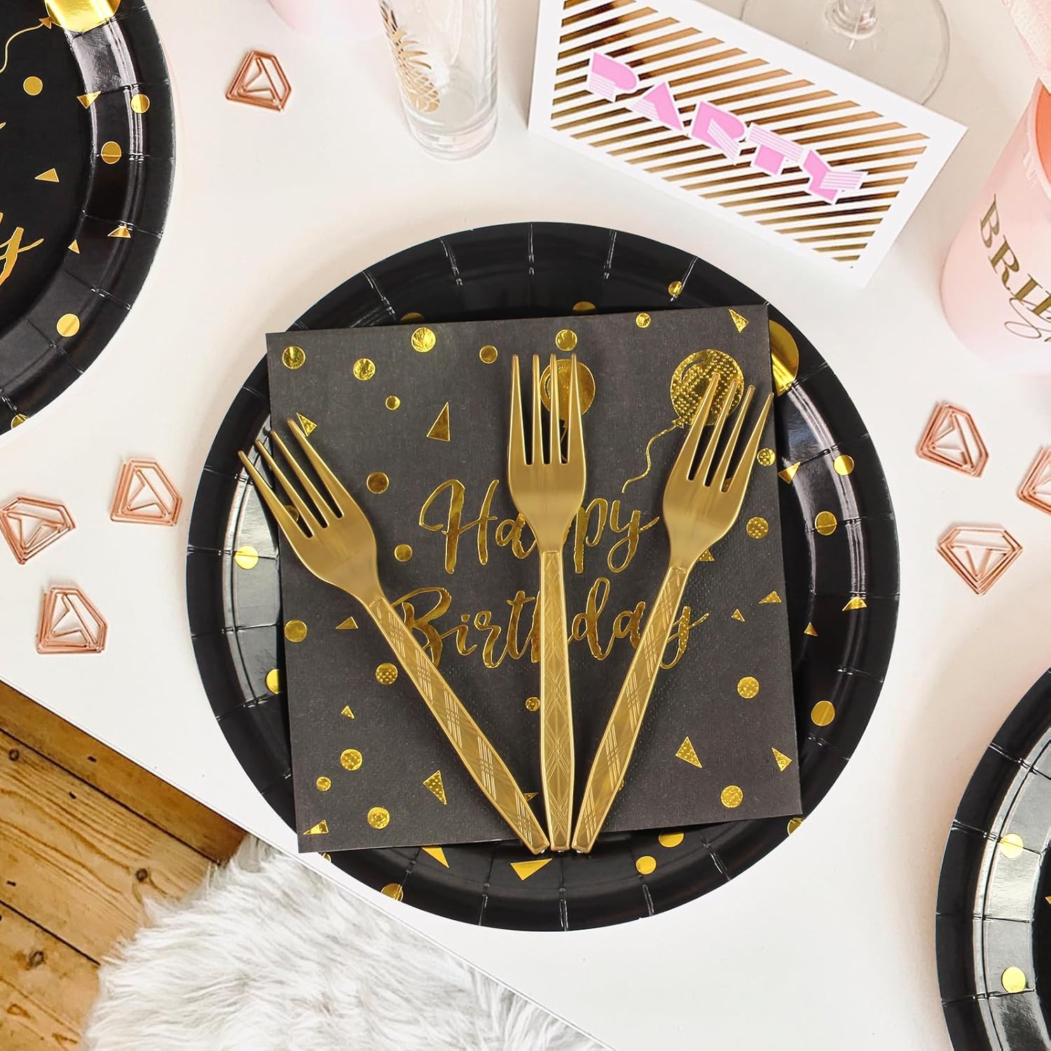 48PCS Black and Gold Plates and Napkins Party Supplies, Gold Dot Disposable Paper Plates, Napkins and Forks Tableware Set for 16 Guests, Elegant Birthday, Wedding, Retirement, Graduation Party Decorations and Celebration Dinnerware