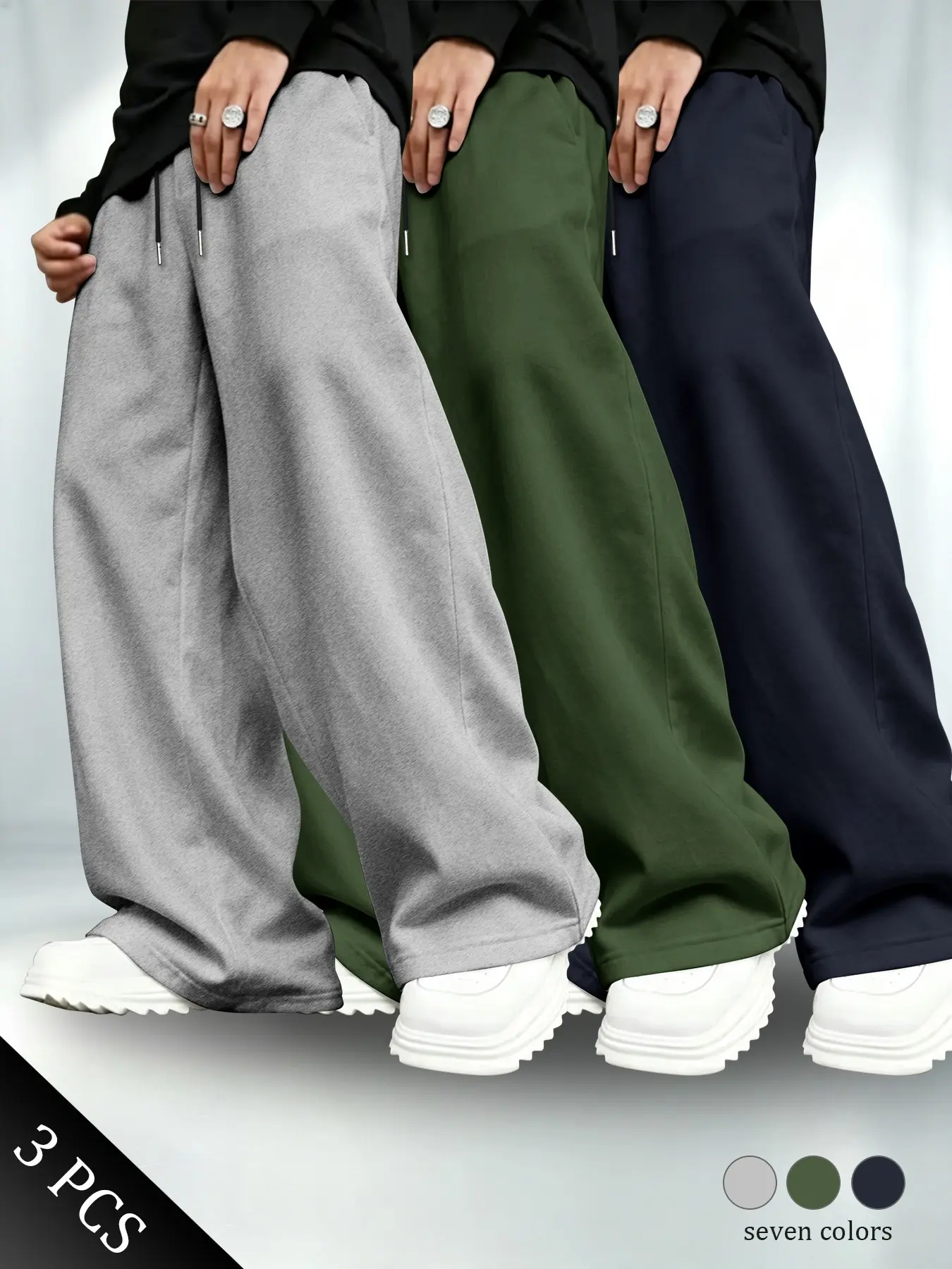Men's American High Street Wide Leg Pants, Loose Fit Straight Tube Drawstring Sweatpants, Trendy Casual Long Trousers, Three-Piece Set, Plain