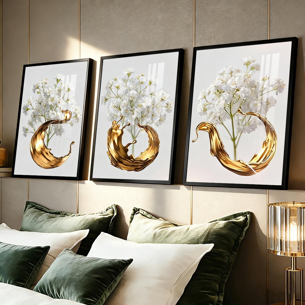 3 Counts Aluminum Alloy Framed Painting, White Flowers With Golden Liquid Art Pictures, Home Decoration For Living Room, Bedroom, Office, Restaurant, Hallway Wall Decor, Odorless Print Artwork, Luxury Perfect Gift For Friends And Family