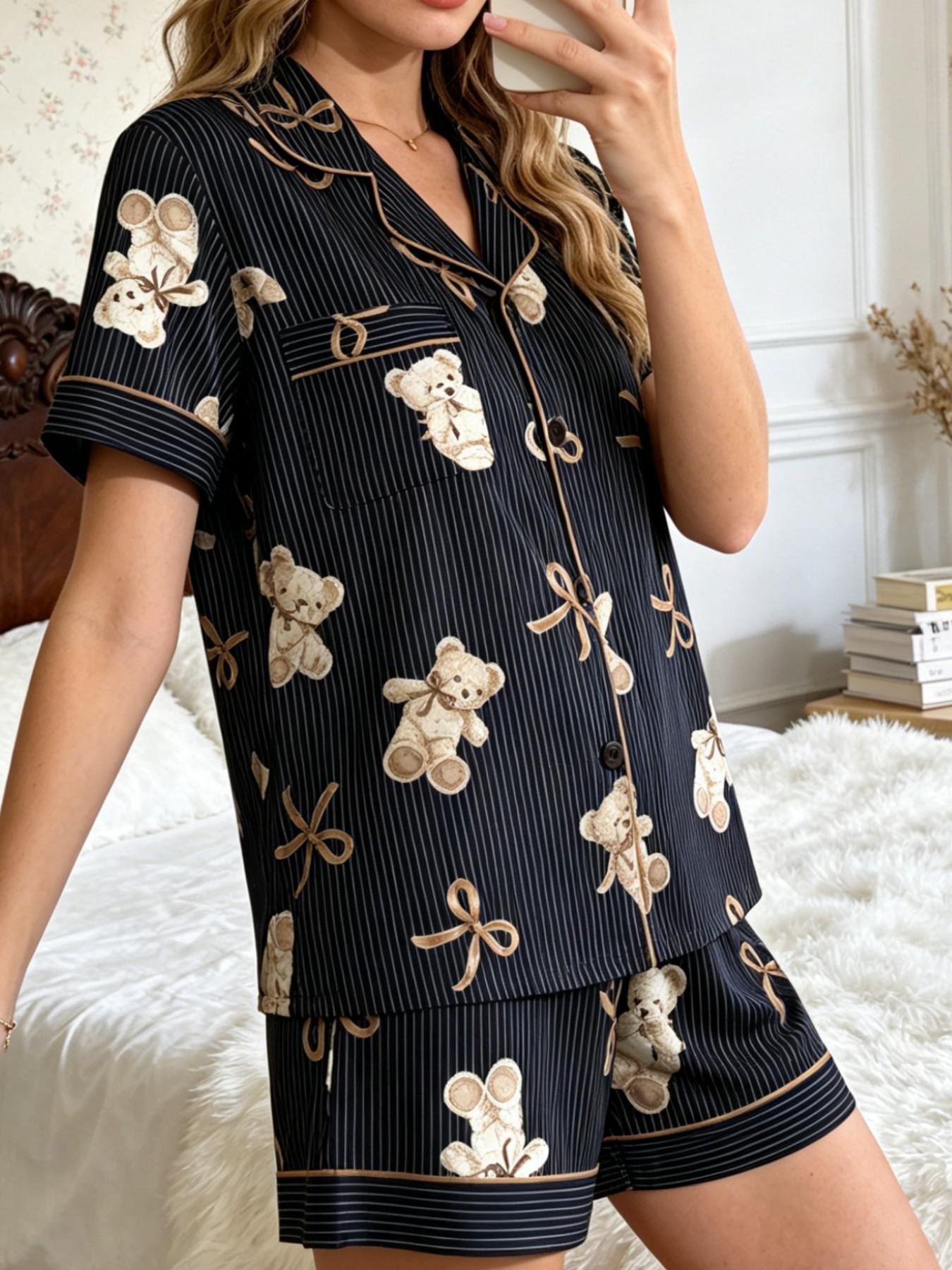 Women's Pajamas Set Vintage Preppy Aesthetic Old Money Soft Girly Teddy Bear Lover Cute Teddy Bear Bow Print Button Down Short Sleeve Silky Soft Relaxed Fit 2 Piece Elegant Nightwear Loungewear Set for Women