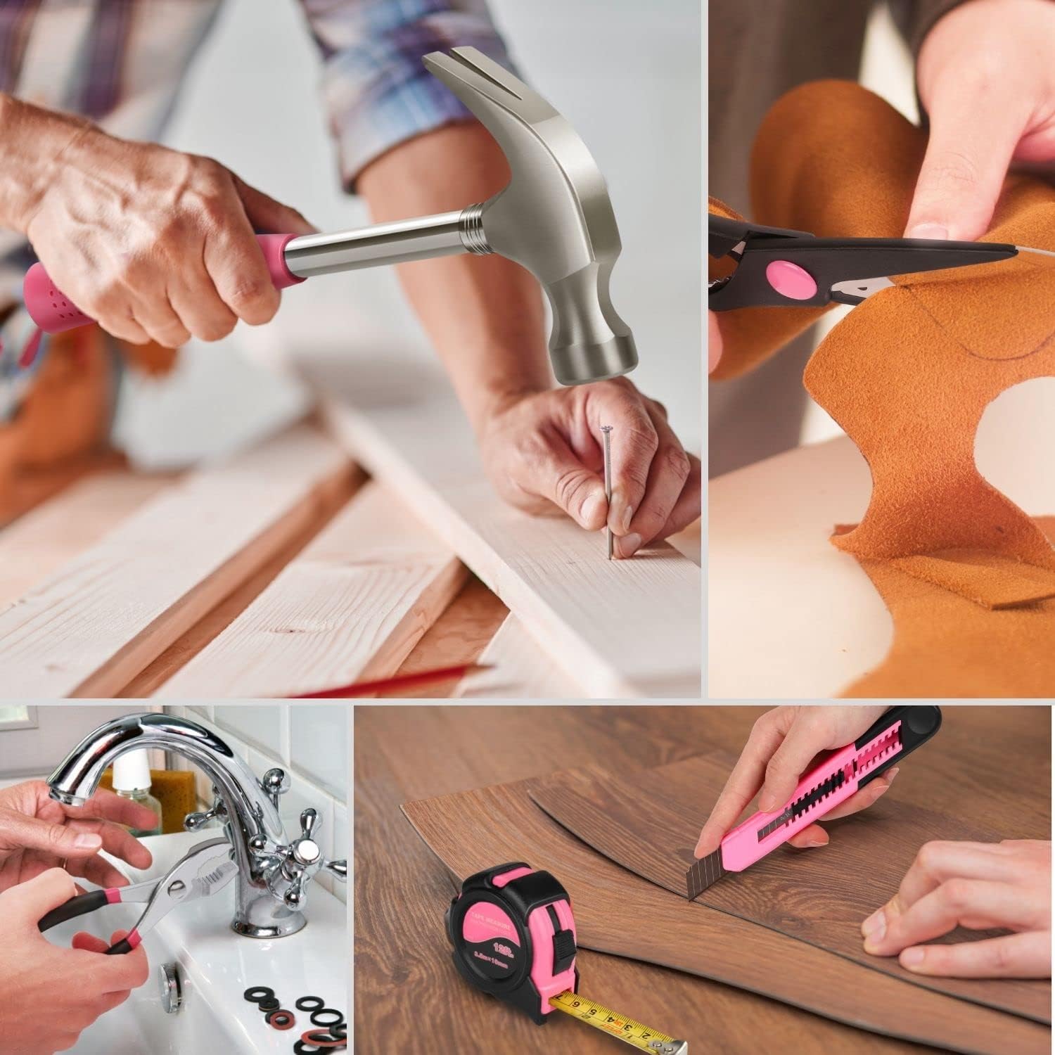 39 Piece General Household Tool Set in Toolbox Storage Case with Essential Hand Tools for Everyday Home Repairs, DIY and Crafts - Pink Ribbon - Pink