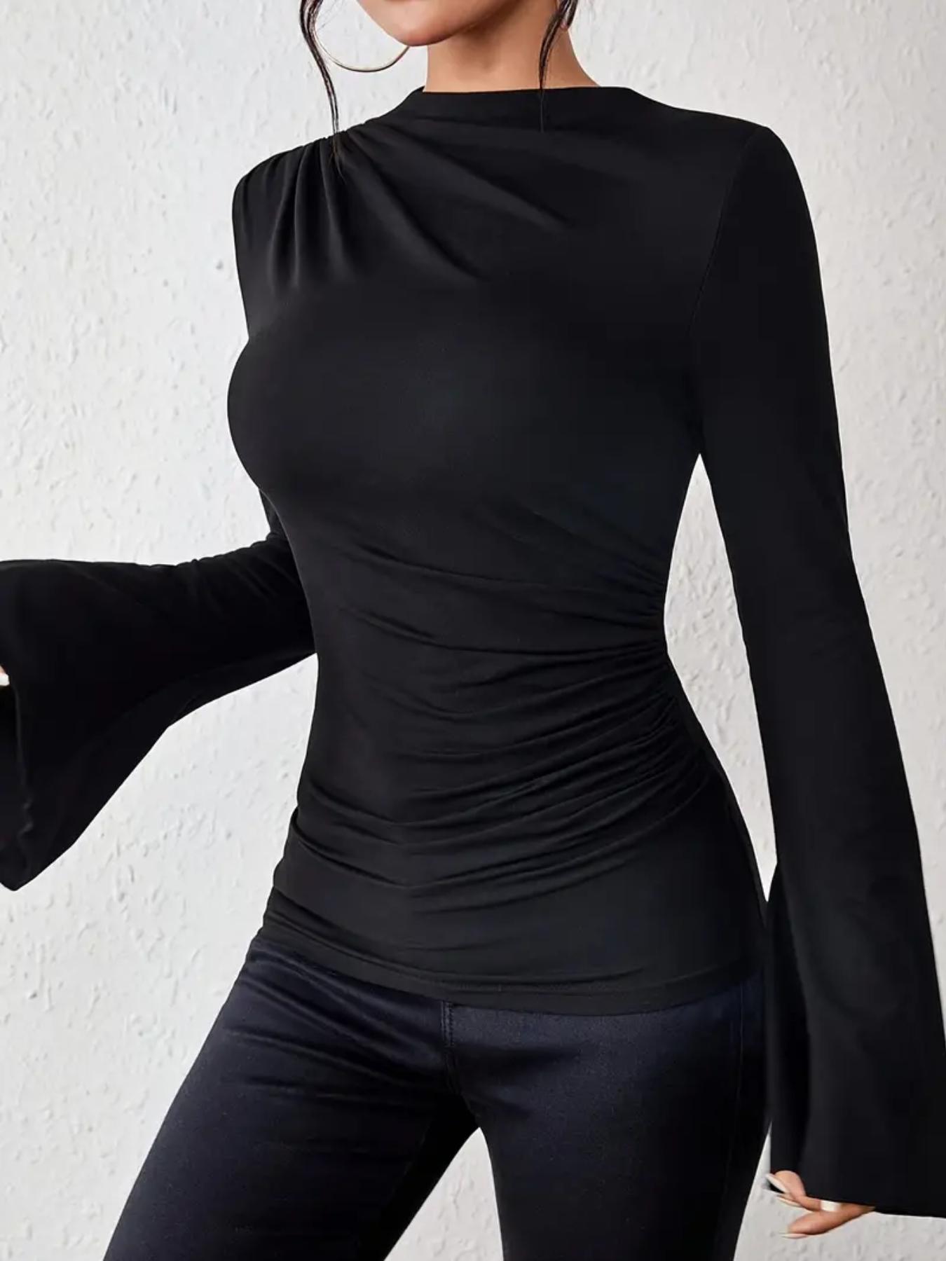 Women's Plain Ruched Flounce Sleeve Tee, Elegant Long Sleeve Stand Collar T-Shirt for Spring & Fall, Womenswear, Women's Top for Daily Wear