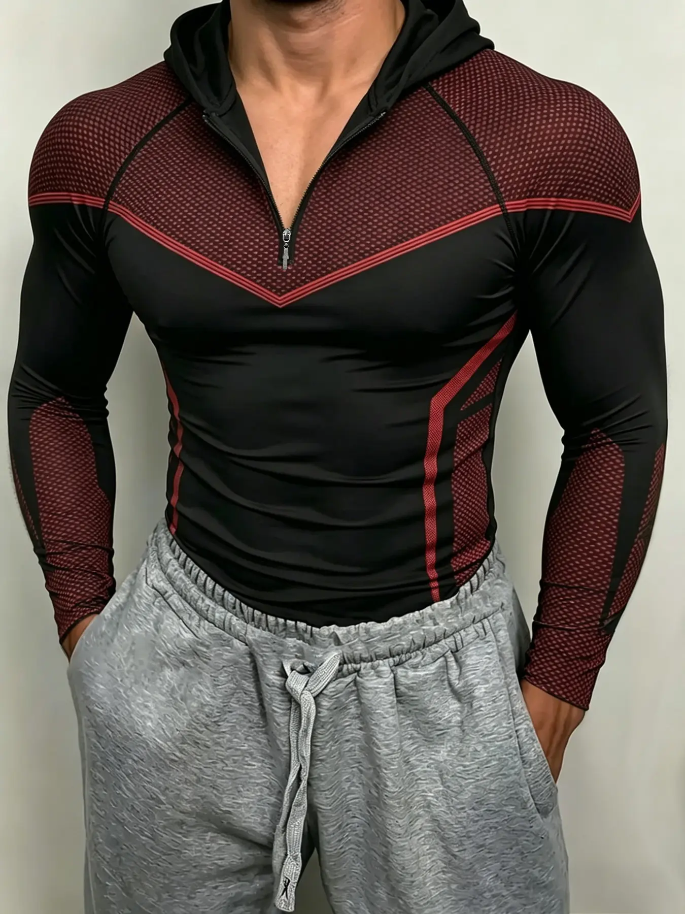 Men's European Style Hooded Half-Zip Slim Fit Workout Long Sleeve Top, High Elasticity Quick-Dry Breathable Fabric, Gym Training Apparel, Stretchy Workout Top