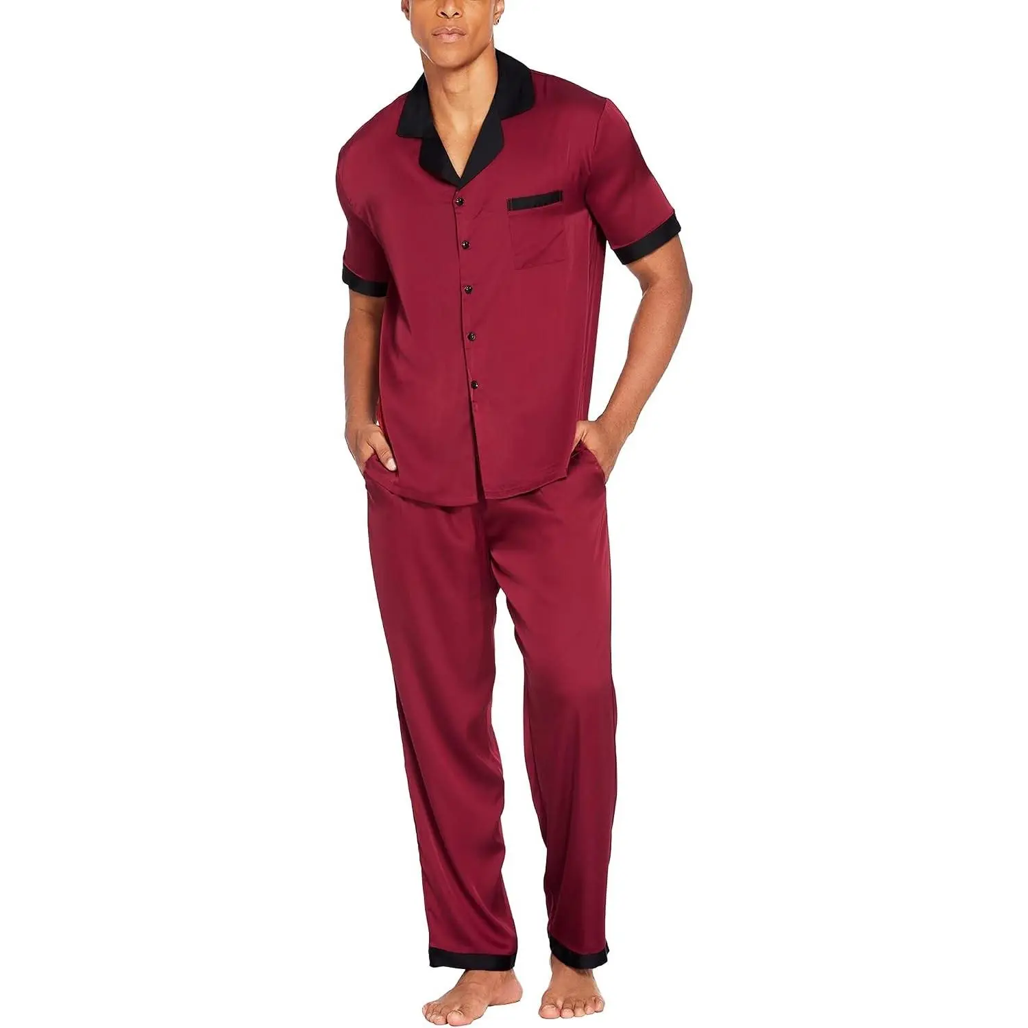 Men Satin Silk Pajamas Set 2 Piece Button Down Sleepwear Long Pants Loungewear with Pockets