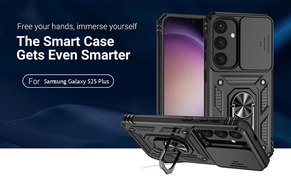 for Samsung Galaxy S25 Plus Case with Slide Camera Cover HD Screen Protector [Military Grade Drop Tested] Magnetic Ring Holder Kickstand Protective Phone Case for Samsung Galaxy S25+ Plus 2025, Black