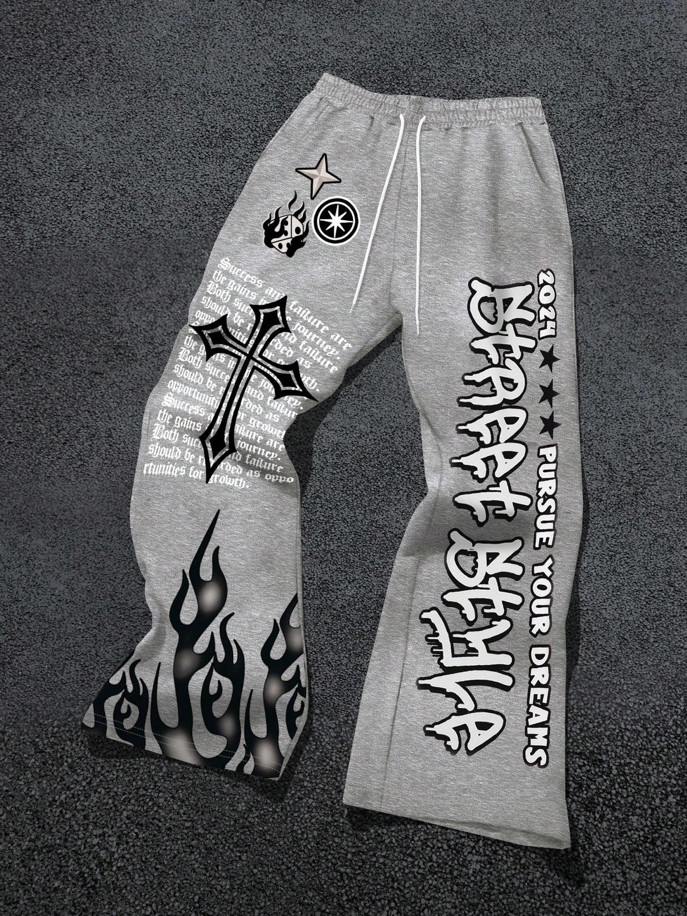 Y2k Graphic Letter Print Flare Sweatpants Drawstring Streetwear Goth Pants with Pockets
