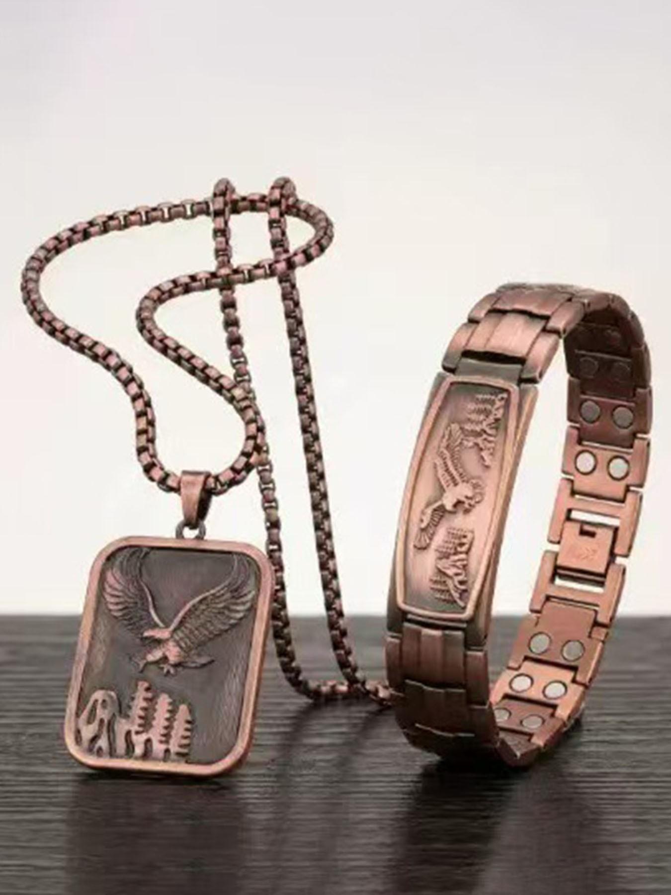 99.99% Pure Copper Men's Necklace, Eagle Design, Magnetic Bracelet, Fashionable, Relieves Arthritis, Thick Chain, Gift Set, Icedout Jewelry