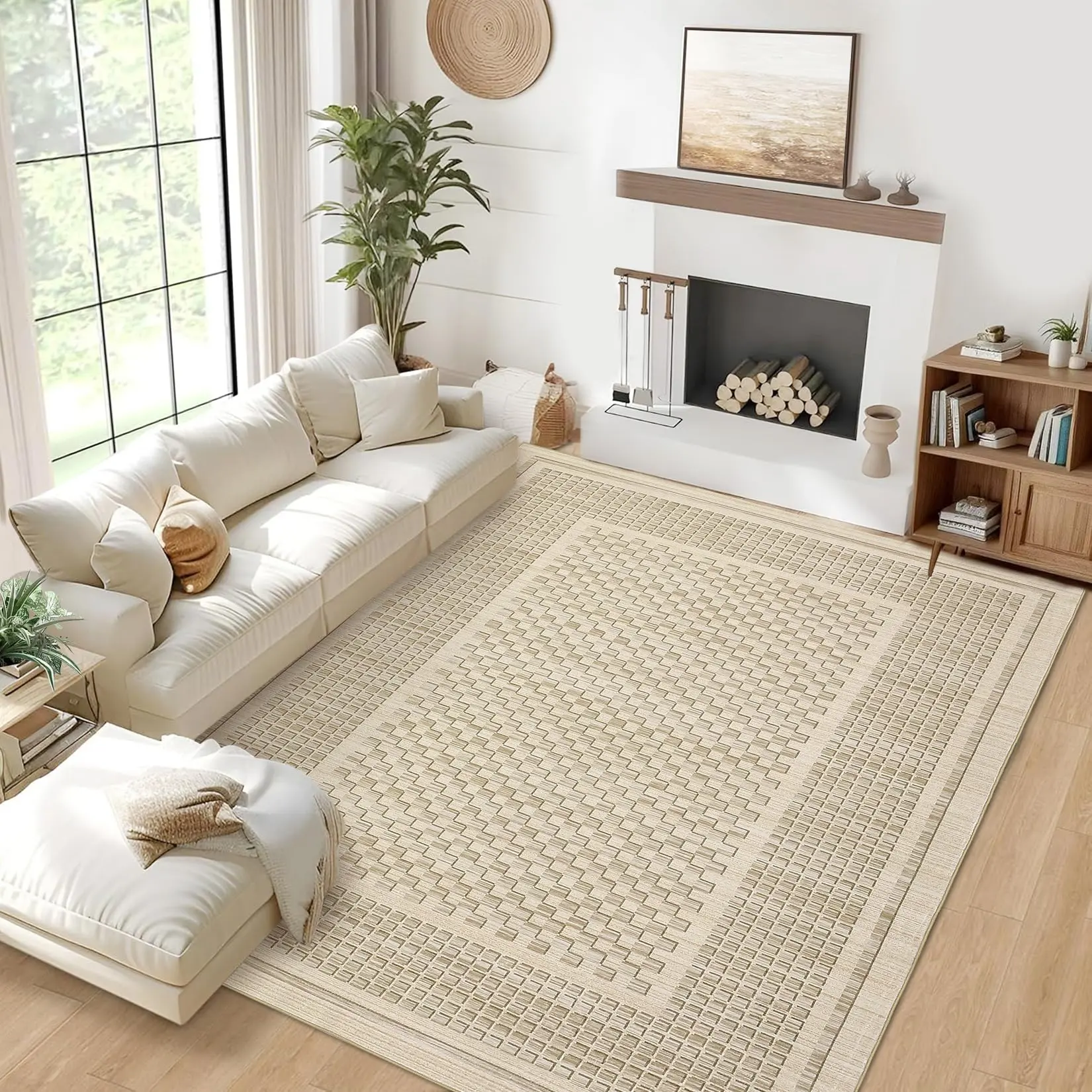 Washable Modern Checkered Area Rug - 5x7ft Soft Non-Slip Low Pile Carpet - Mark Resistant, Non-Shedding Throw Rug for Living Room, Bedroom, Dining Room, Office, Entryway, Hallway, Waffle Print