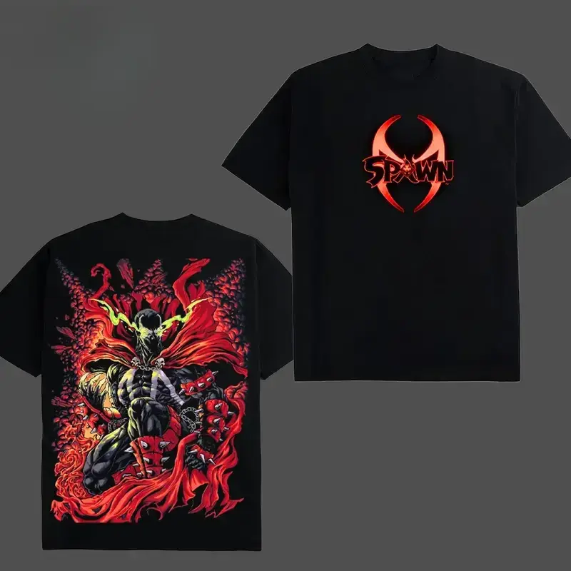 Men's/Women's Vintage Black Double-Sided Oversized Short-Sleeve T-Shirt - Image Comics Spawn Antihero Tee with Front Red-Orange Logo, Back Bold Red Cape Comic Art, Oversized Fit, Dark Fantasy Grunge Urban Streetwear, Machine Washable