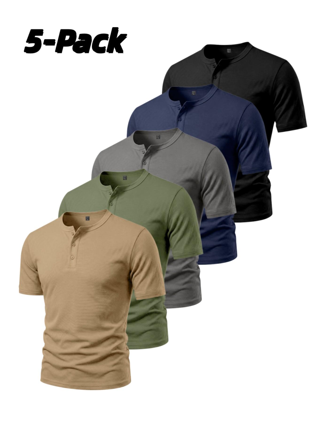 Men's 5-Pack Three-Button Mesh Short Sleeve Henley T-Shirts, Athletic Apparel, Summer Breathable Solid Color Casual Sports Tops, Comfortable Basic Top, Fitness T Shirt