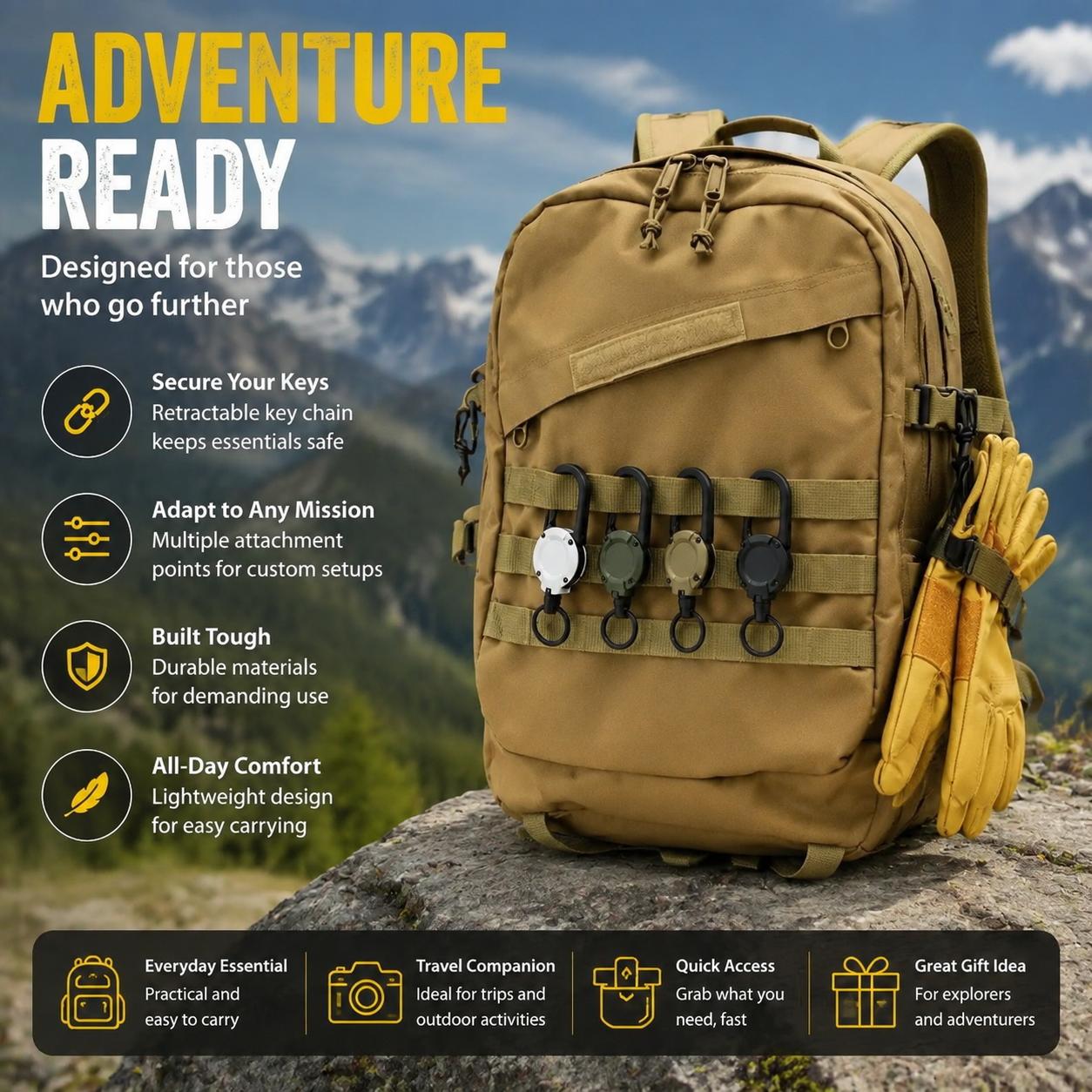 Heavy-Duty Retractable Keychain with Secure Carabiner Clip, 24-Inch Braided Stainless Steel Cable, 8 oz Weight Capacity, Compact Design for ID Badges, Keys, Outdoor Gear & EDC—Durable Multi-Use Organizer Available in 2-Pack and 4-Pack Configurations