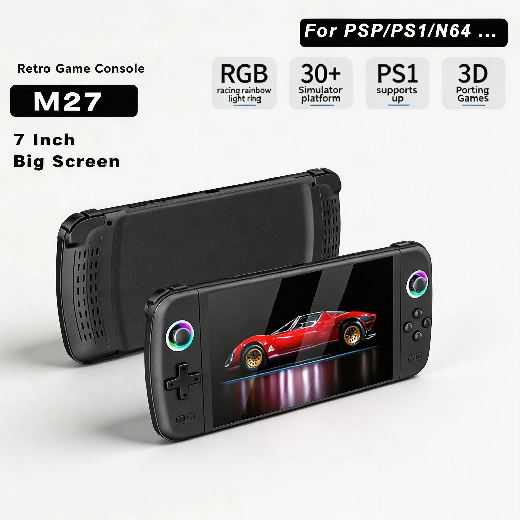 M27 portable retro handheld game console, Handheld gaming console with 7.0-inch screen supporting Linux system 1024*600 resolution 3D joystick arcade 4000mAh battery life and can be connected to TV, suitable for retro game enthusiasts or family gather