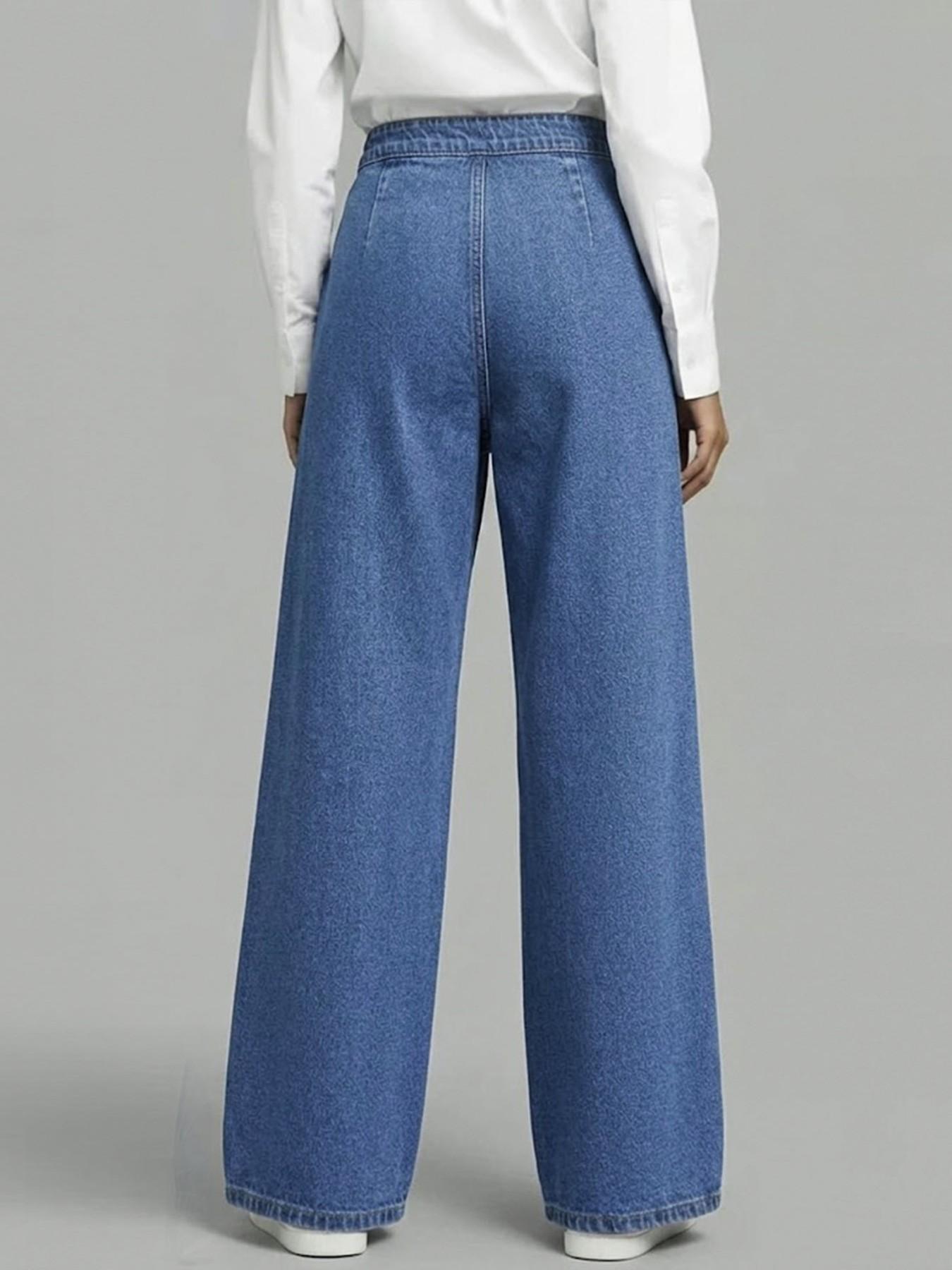 Lkuily Women's Medium Wash Crossover High Waisted Denim Wrap Over Cross Front Single Button High Waist Wide Leg Floor Length Jeans, Diagonal Stitch Drape Loose Hip Cover Long Straight Pants, Minimal Office Unique Design Casual Denim Trousers, Bottoms