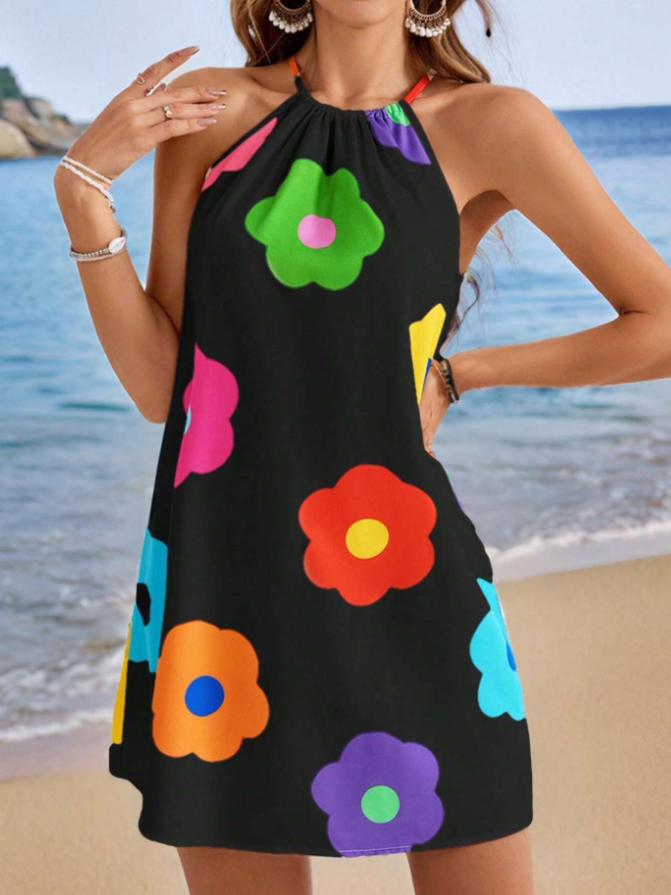 Spring Summer Short Dress, Sunflower Flower Print, Loose Fit Casual Halter Neck, Plus Size Dress, Perfect for Leisure and Vacation