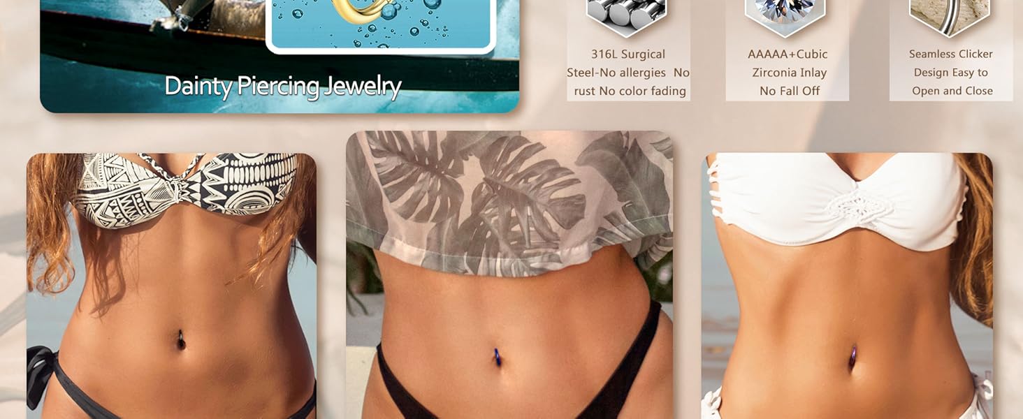 MILACOLATO 14G Clicker Belly Button Ring for Women White Gold Plated Hoop Belly Button Rings Shiny CZ Belly Button Clicker Oval Belly Ring Reverse Navel Body Belly Piercing Jewelry