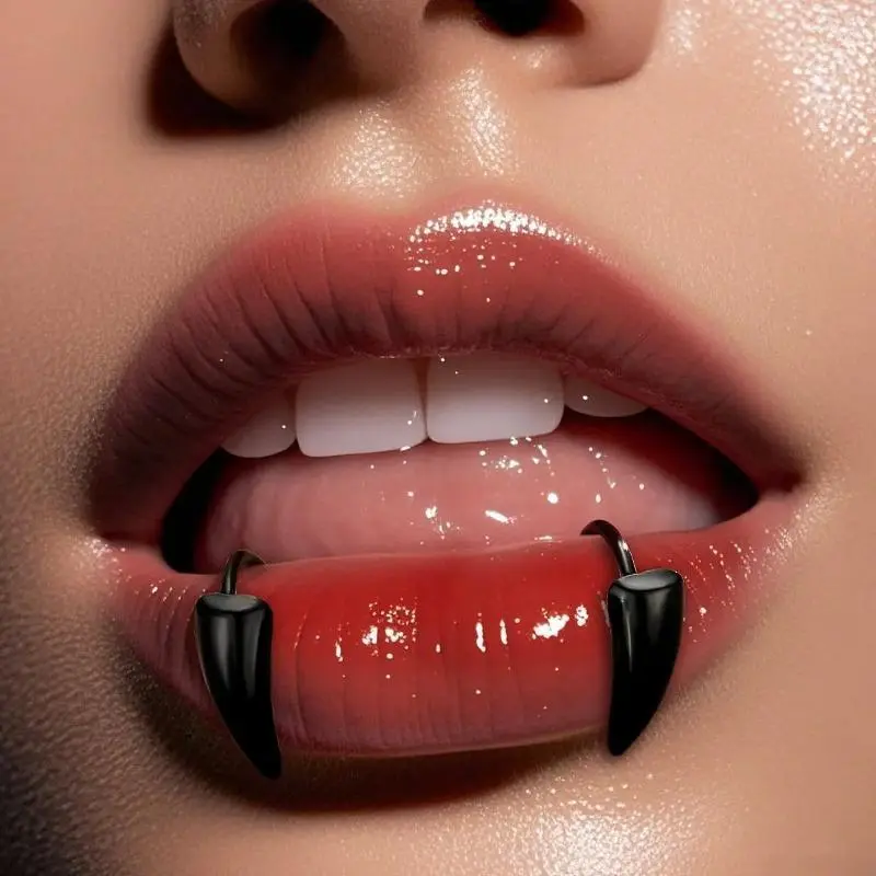 Unisex Stainless Steel Fangs Shape Bag Charm, 2Pcs Clip-On Fake Piercings with Secure Lock, No-Pain Snakebite Goth Punk Halloween Accessories, Zero Pain