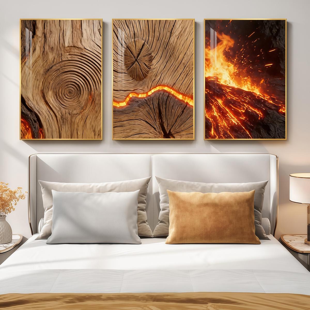 3 Counts Aluminum Alloy Framed Painting, Burning Wood Texture And Flowing Lava Art Pictures, Home Decoration For Living Room, Bedroom, Office, Restaurant, Hallway Wall Decor, Odorless Print Artwork, Luxury Perfect Gift For Friends And Family